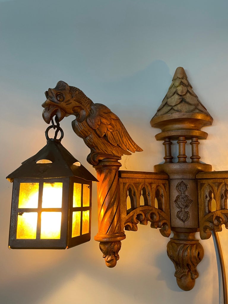 Unique Pair of Gothic Revival Hand Carved Gargoyle and Iron Lantern