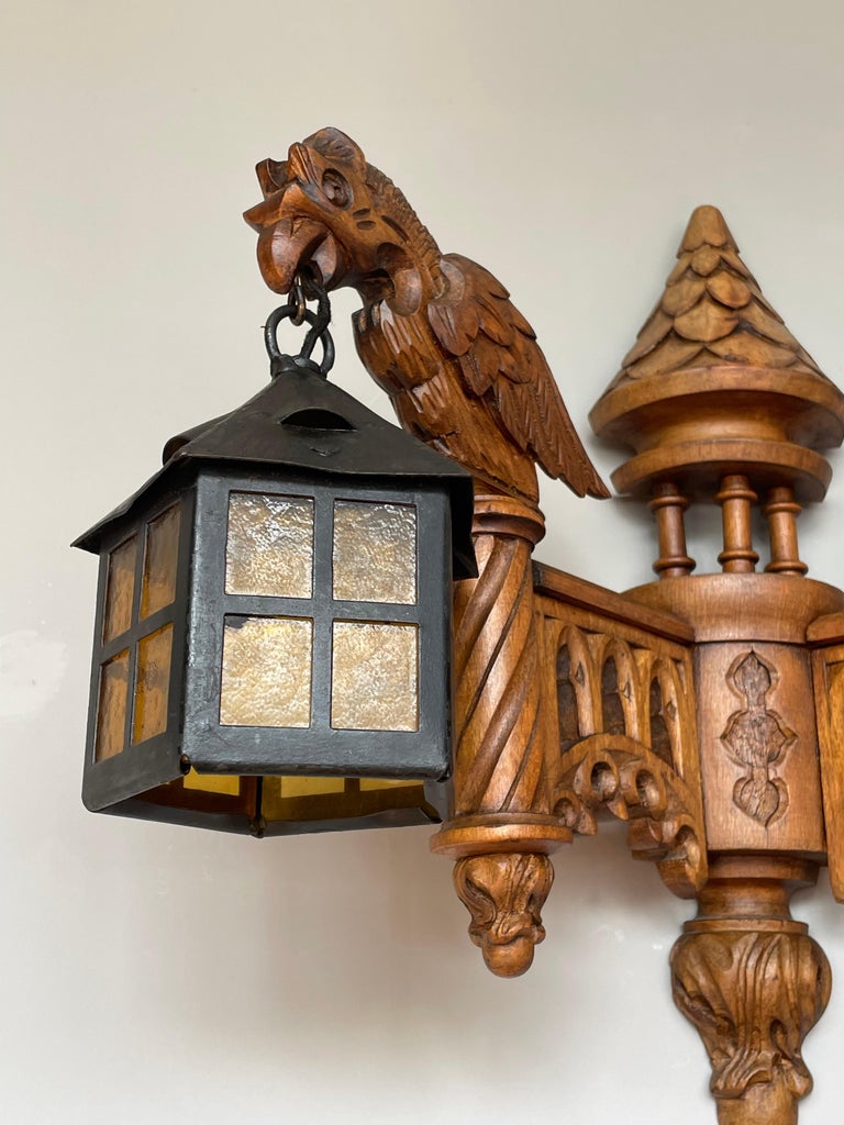 Unique Pair of Gothic Revival Hand Carved Gargoyle and Iron Lantern