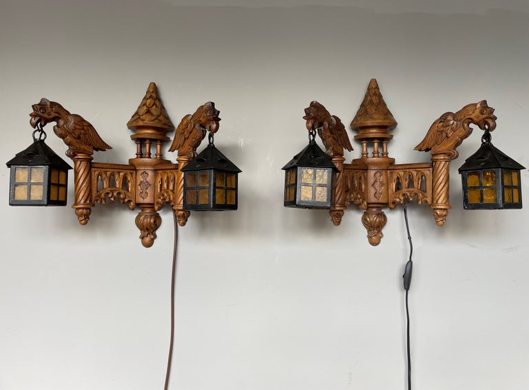 Unique Pair of Gothic Revival Hand Carved Gargoyle and Iron Lantern