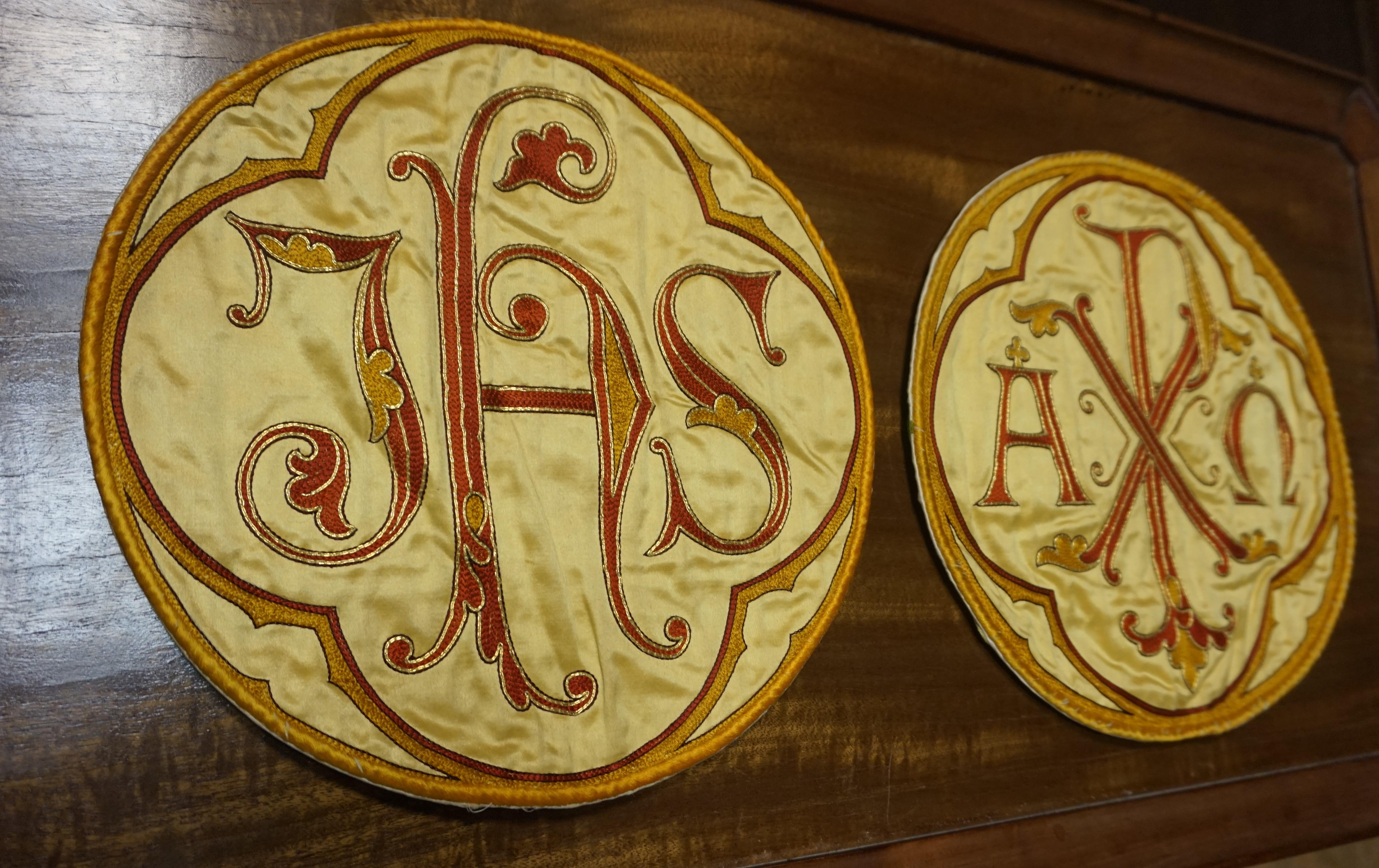 Unique Pair of Hand Embroidered Silk & Copper Thread Gothic Art Christograms IHS For Sale 11