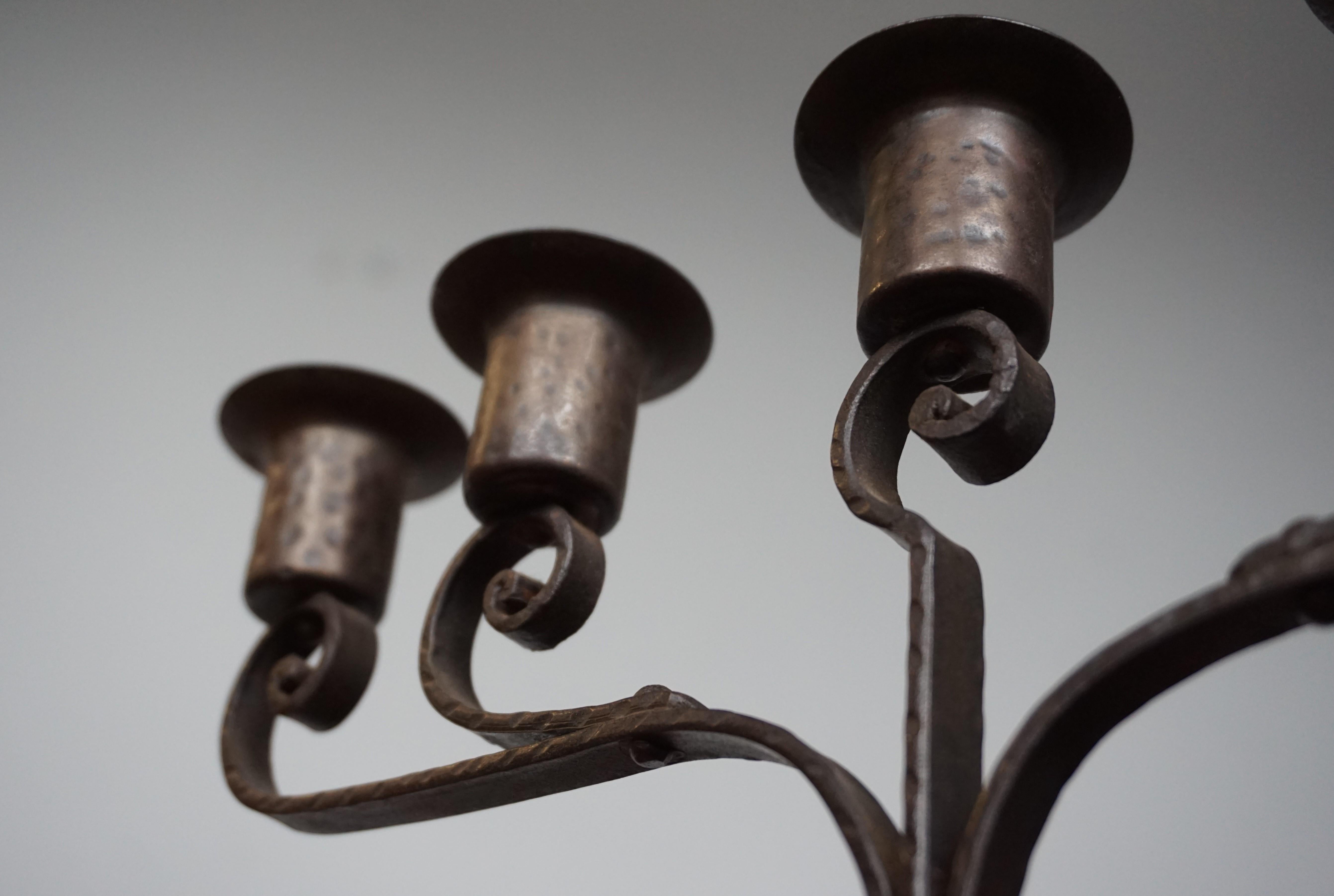 Unique Pair of Hand Forged Wrought Iron Arts & Crafts Table Candelabras, 1910s For Sale 4