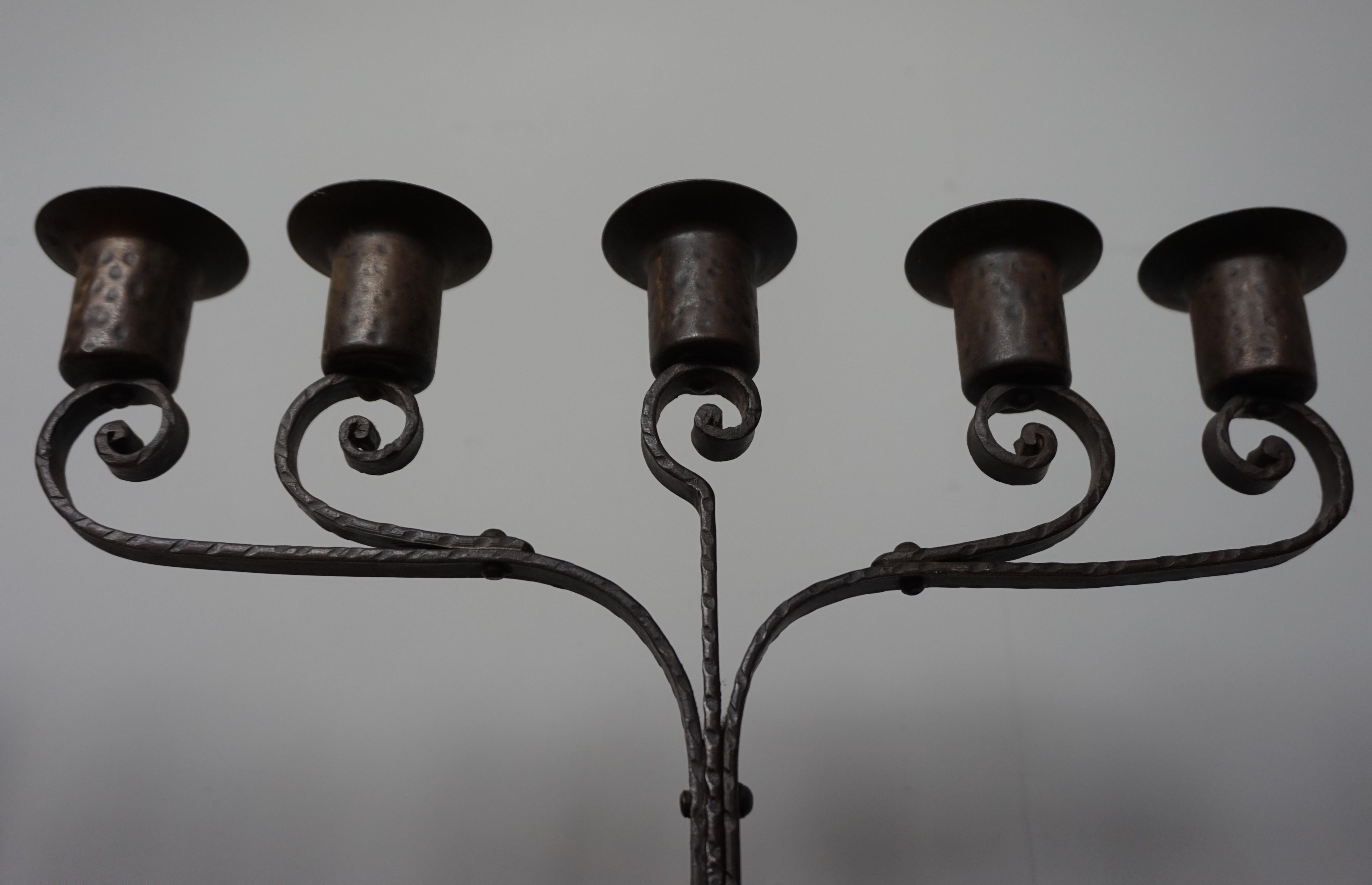 Unique Pair of Hand Forged Wrought Iron Arts & Crafts Table Candelabras, 1910s For Sale 5