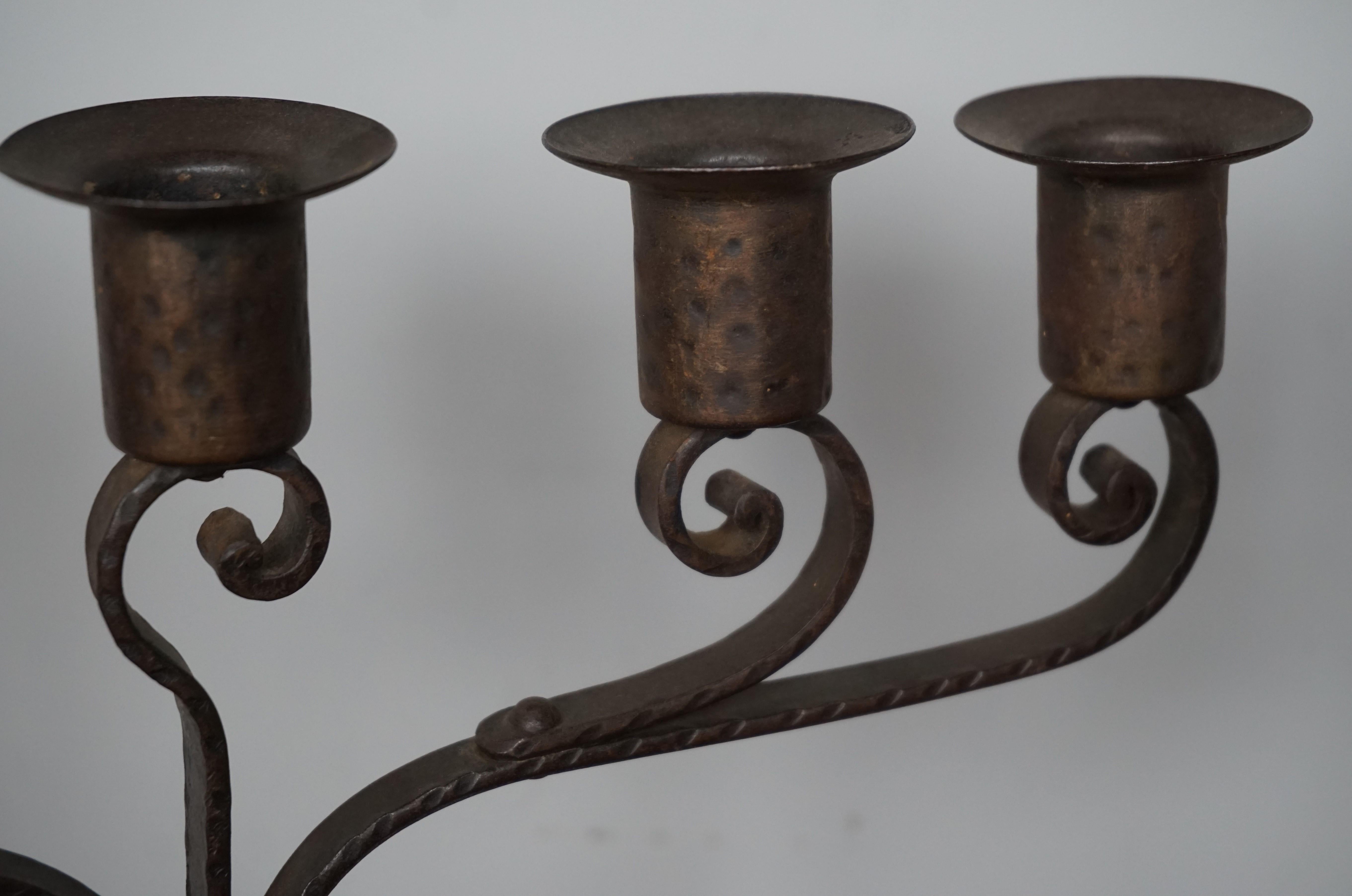 Unique Pair of Hand Forged Wrought Iron Arts & Crafts Table Candelabras, 1910s For Sale 6