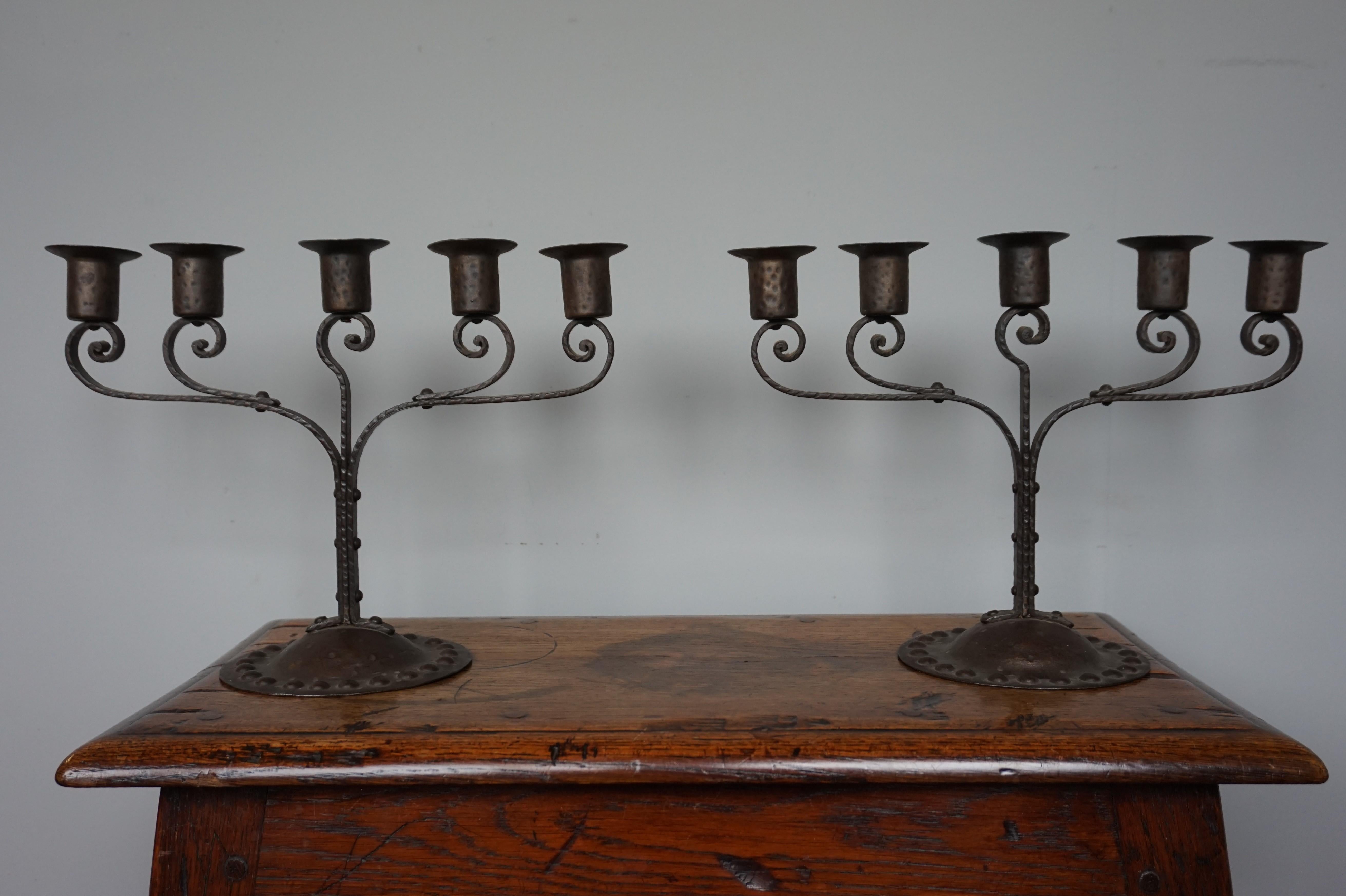 Unique Pair of Hand Forged Wrought Iron Arts & Crafts Table Candelabras, 1910s For Sale 7