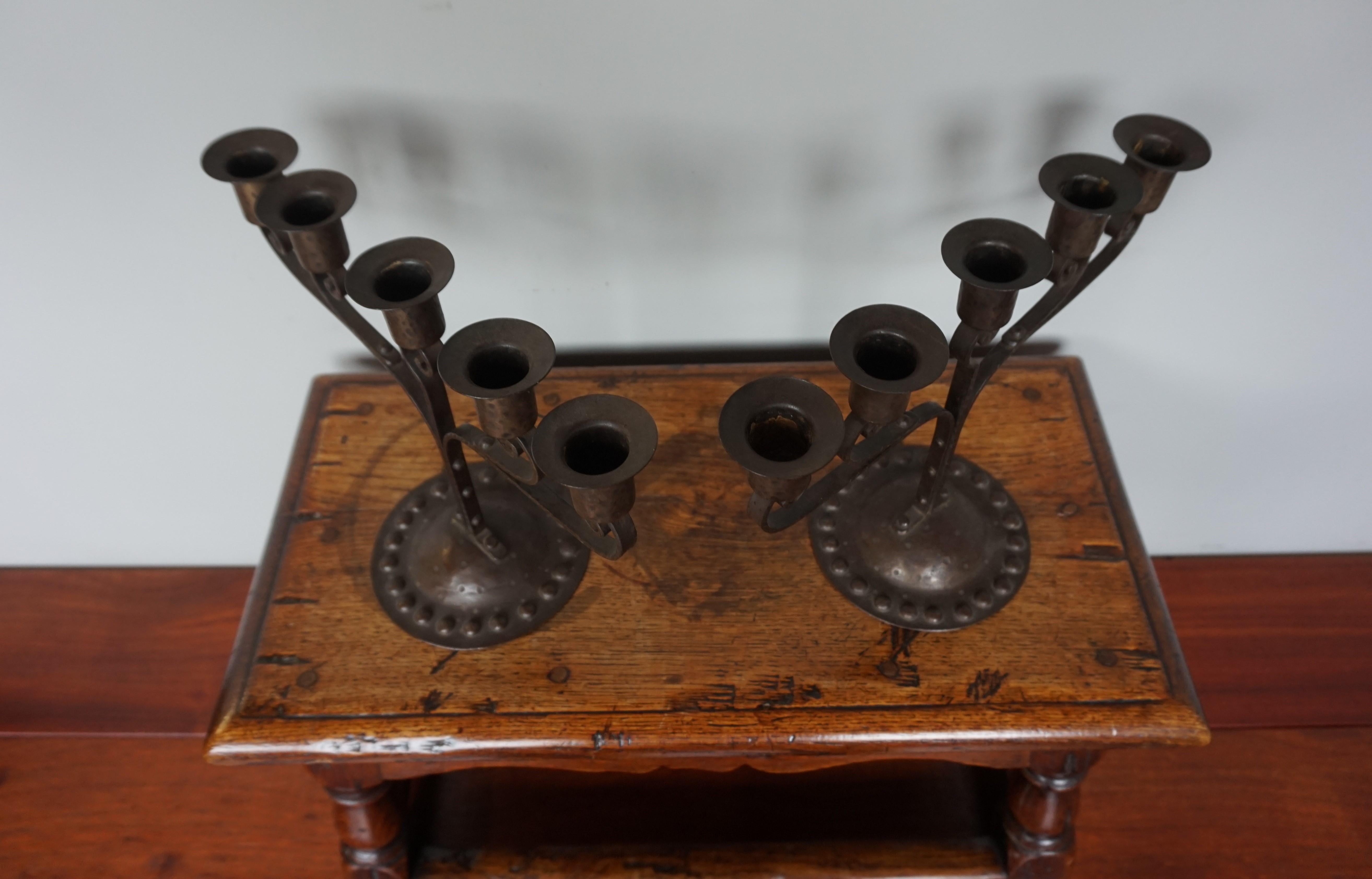 Hand-Crafted Unique Pair of Hand Forged Wrought Iron Arts & Crafts Table Candelabras, 1910s For Sale