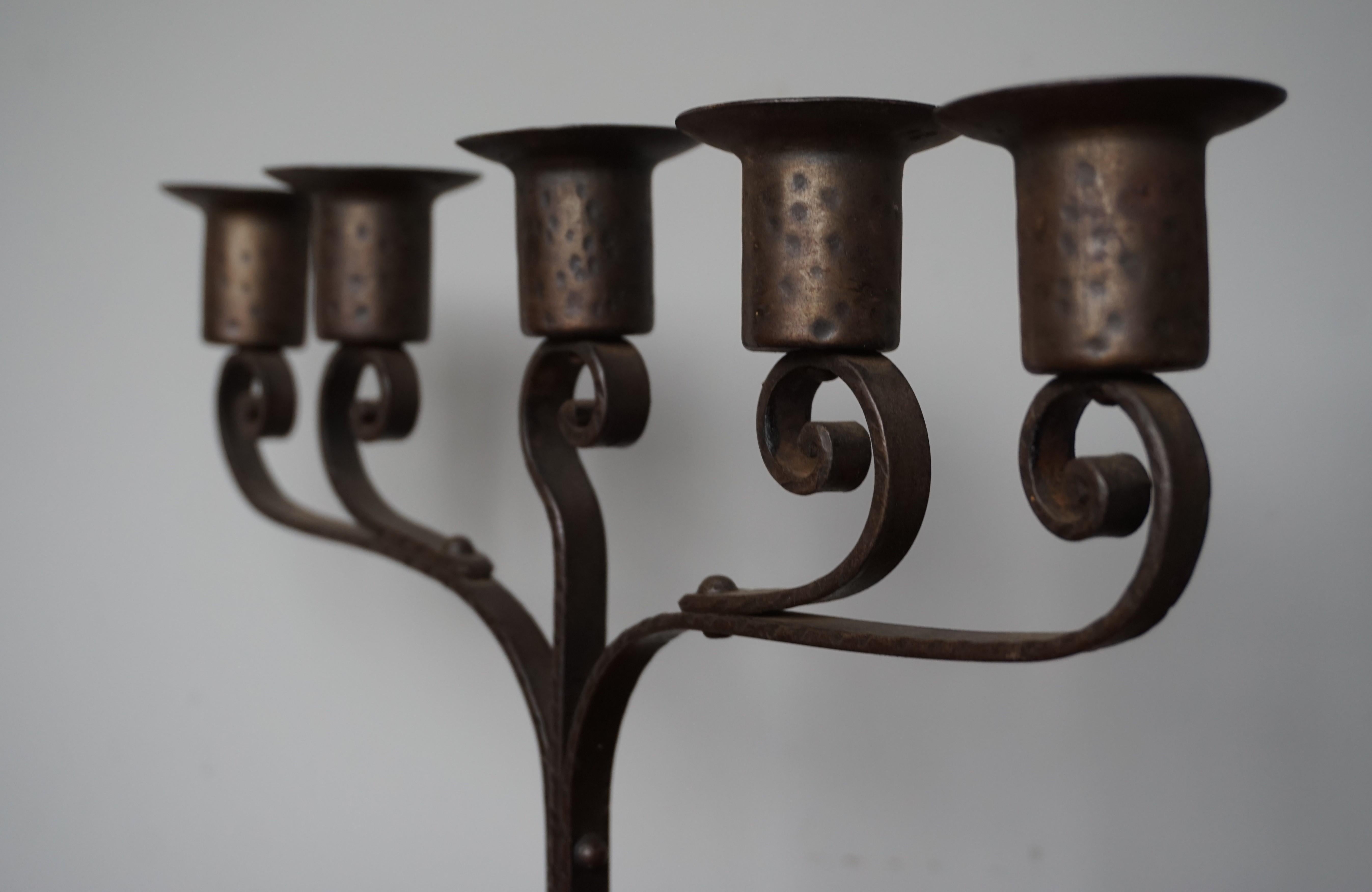 Unique Pair of Hand Forged Wrought Iron Arts & Crafts Table Candelabras, 1910s In Excellent Condition For Sale In Lisse, NL
