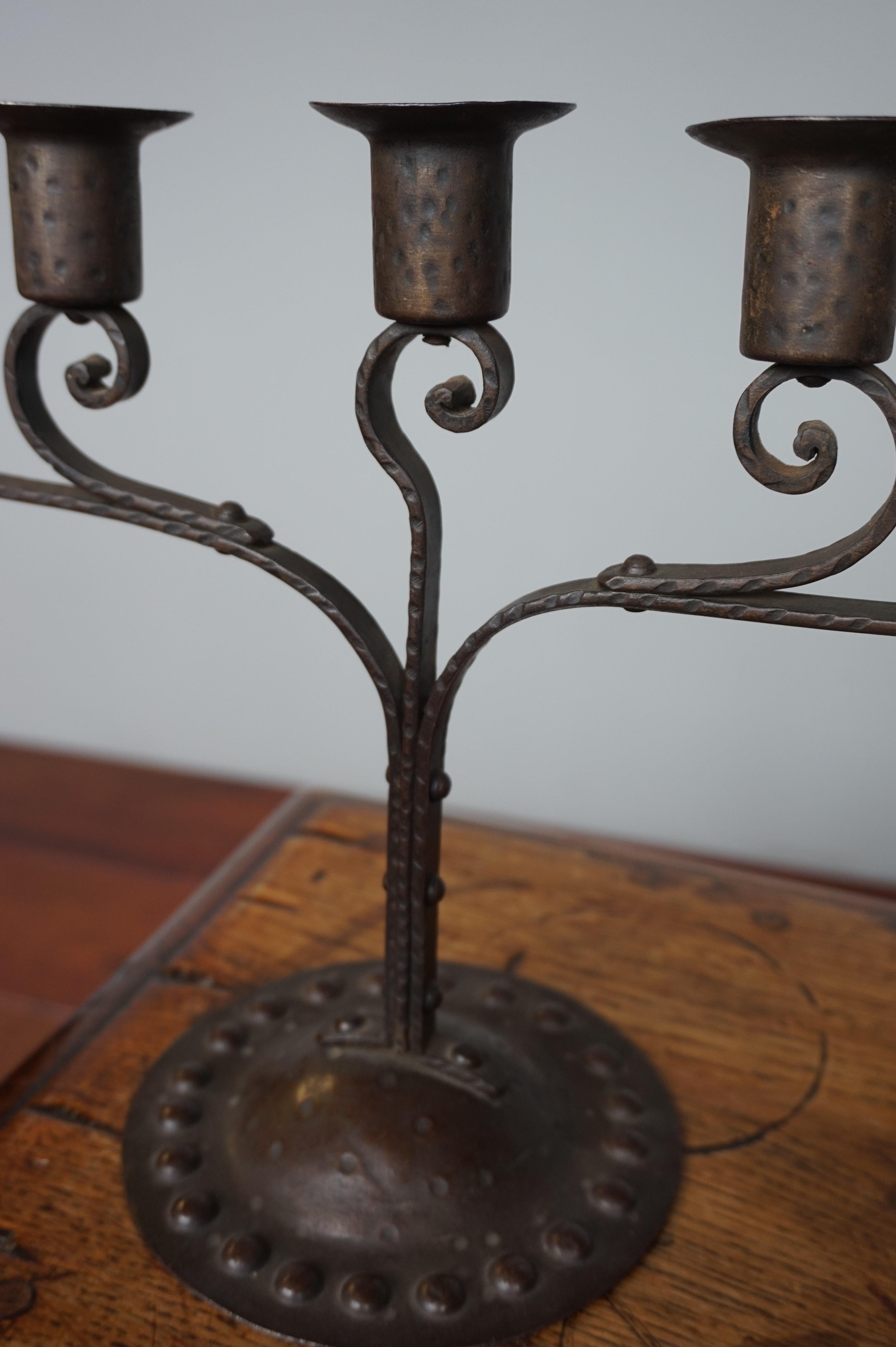 20th Century Unique Pair of Hand Forged Wrought Iron Arts & Crafts Table Candelabras, 1910s For Sale
