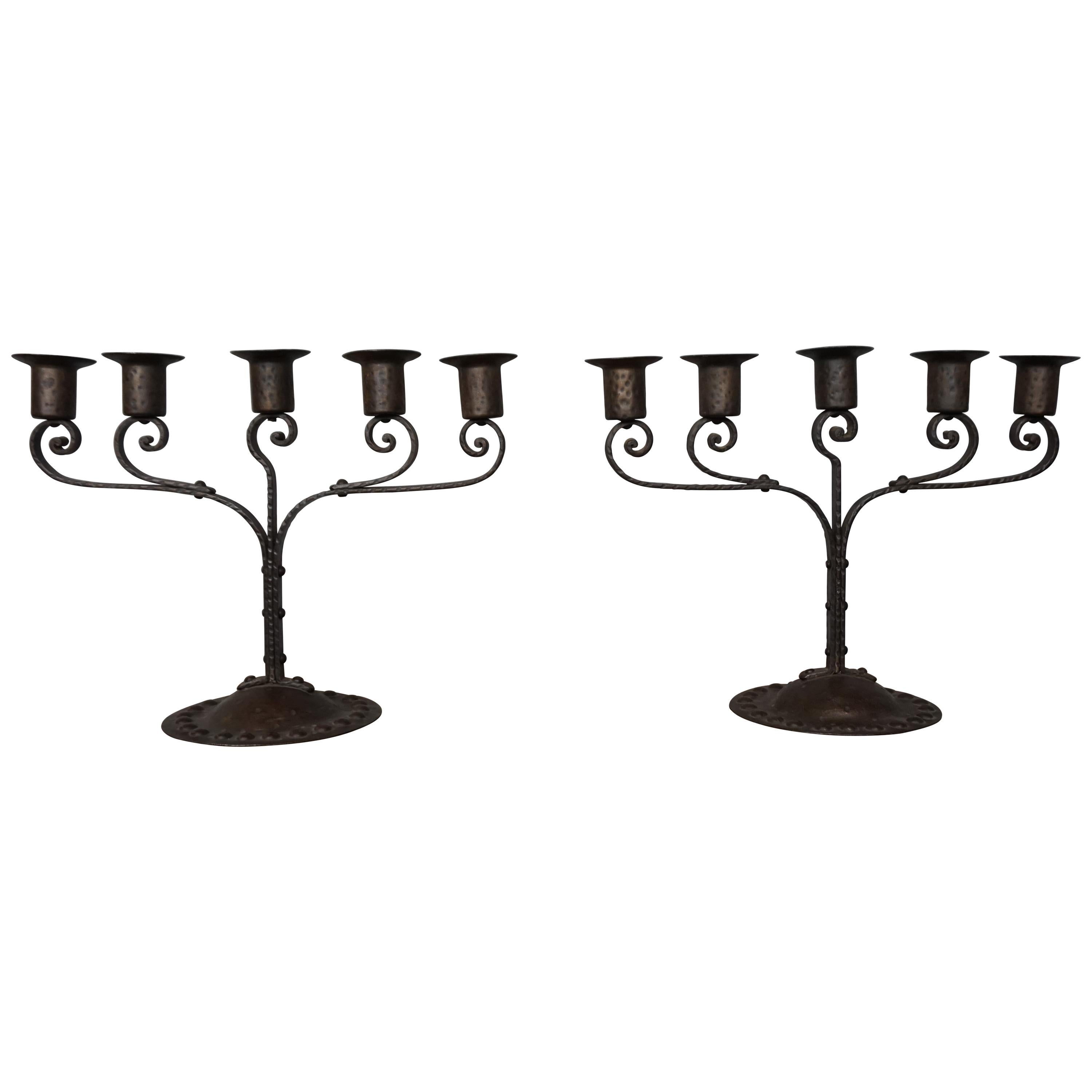 Unique Pair of Hand Forged Wrought Iron Arts & Crafts Table Candelabras, 1910s