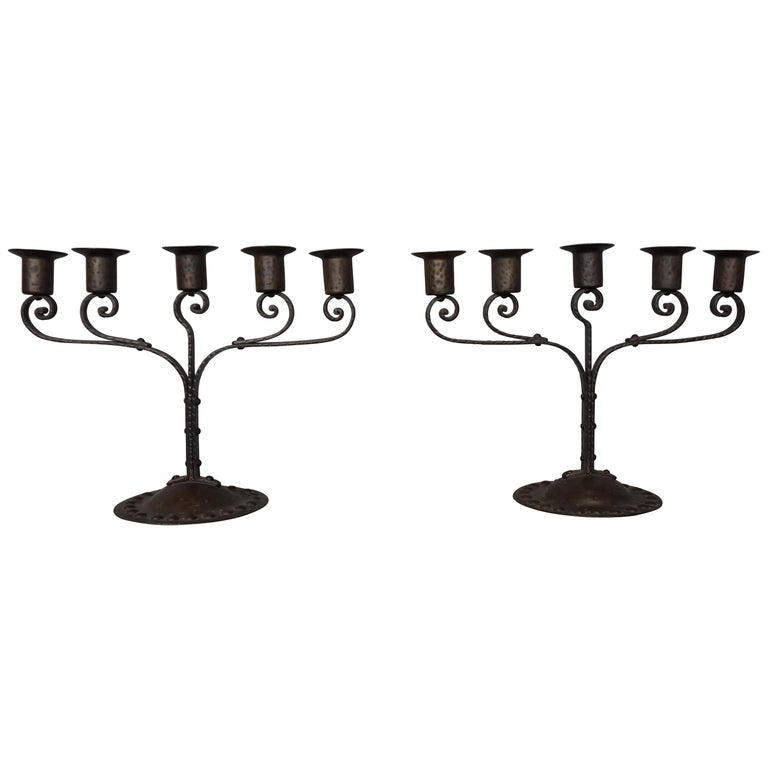 Unique Pair of Hand Wrought Iron Arts and Crafts Table Candelabras, 1910s For Sale at 1stDibs