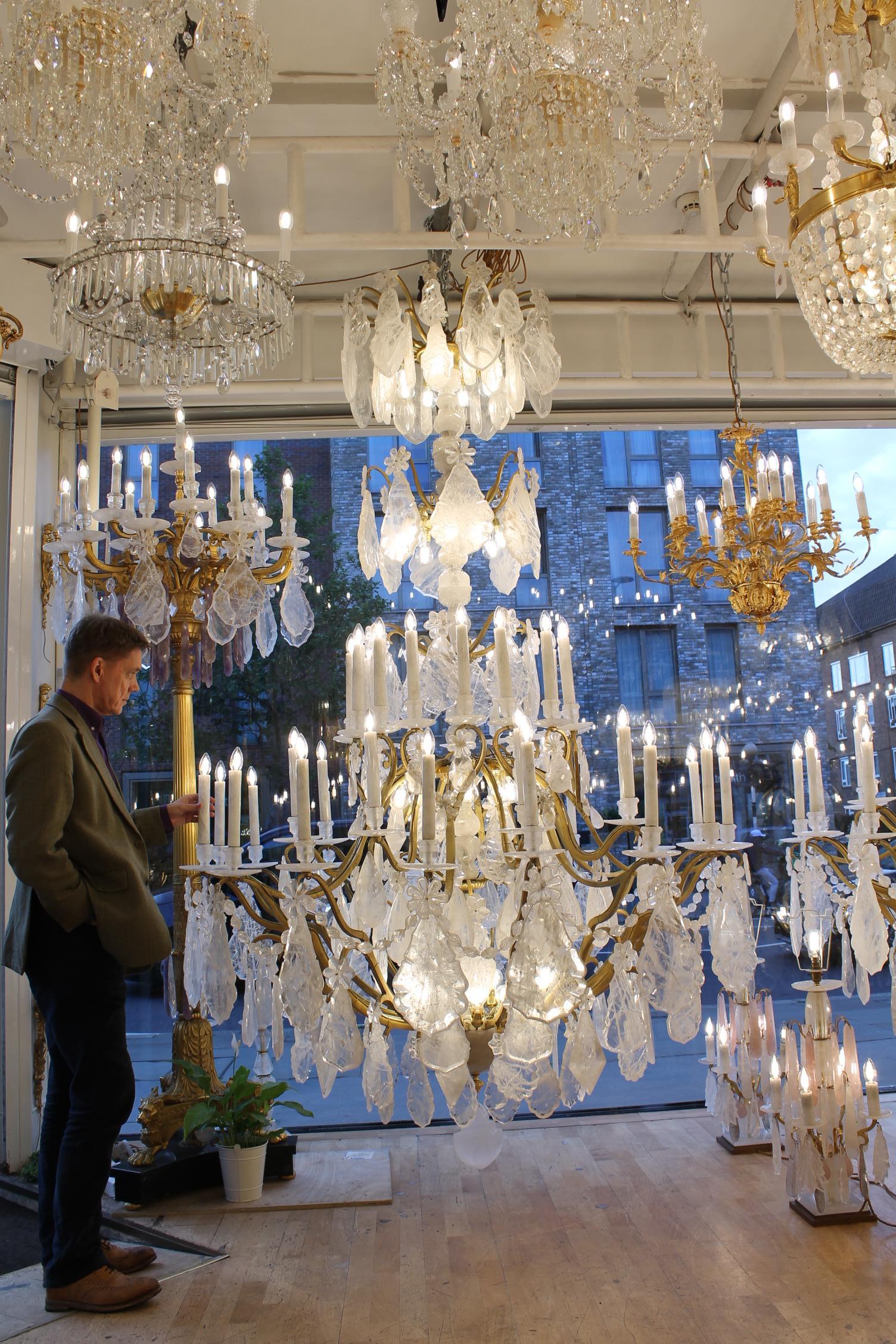 Unique Pair of imposing rock crystal Louis XV style cage chandeliers H300cm W18O For Sale 4