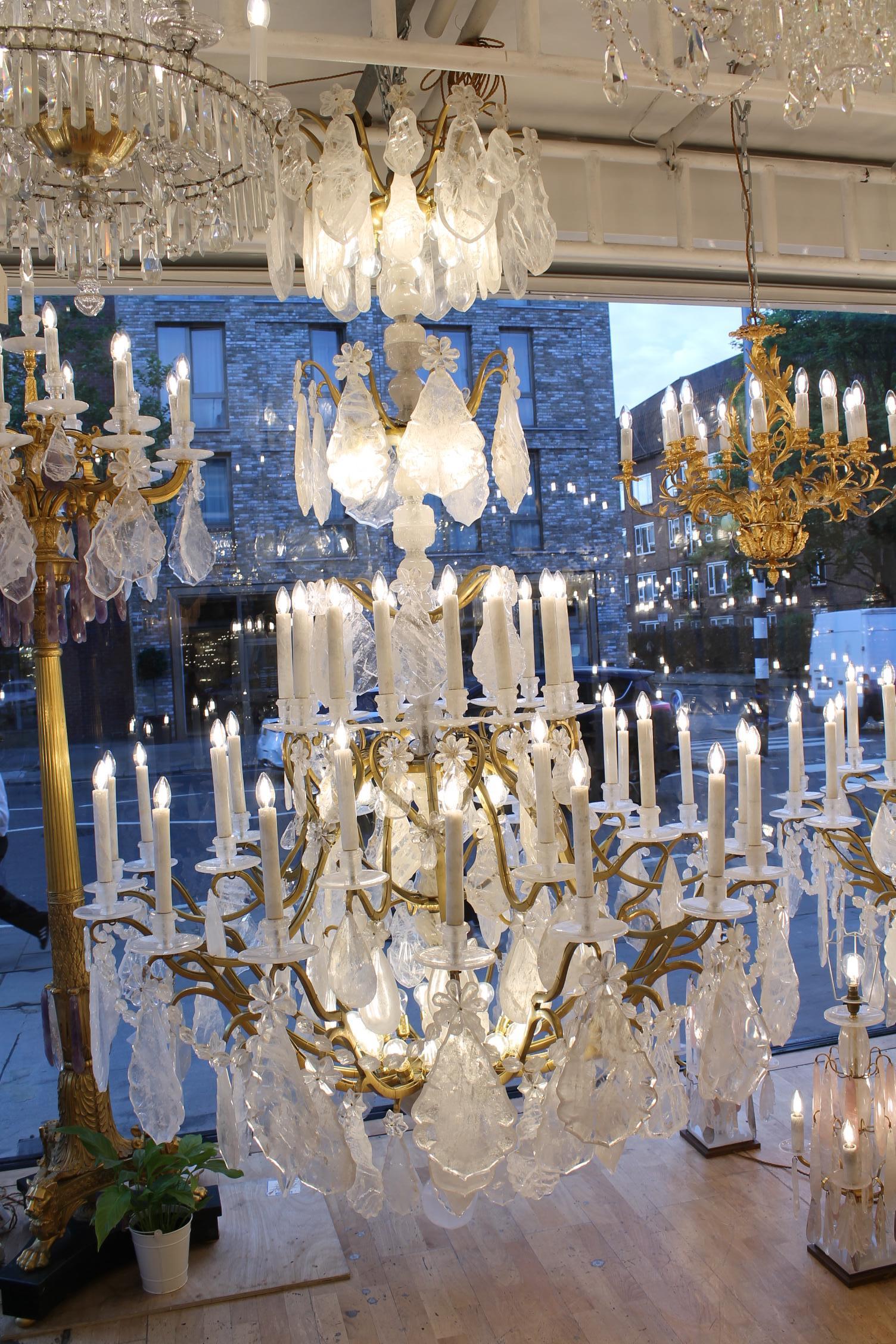 Unique Pair of imposing rock crystal Louis XV style cage chandeliers H300cm W18O For Sale 5