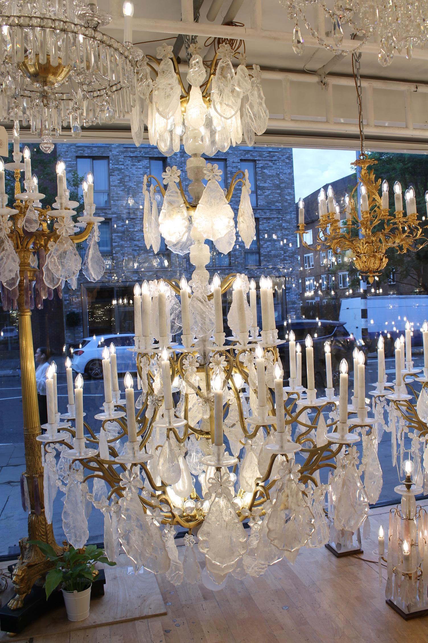 Unique Pair of imposing rock crystal Louis XV style cage chandeliers H300cm W18O For Sale 8