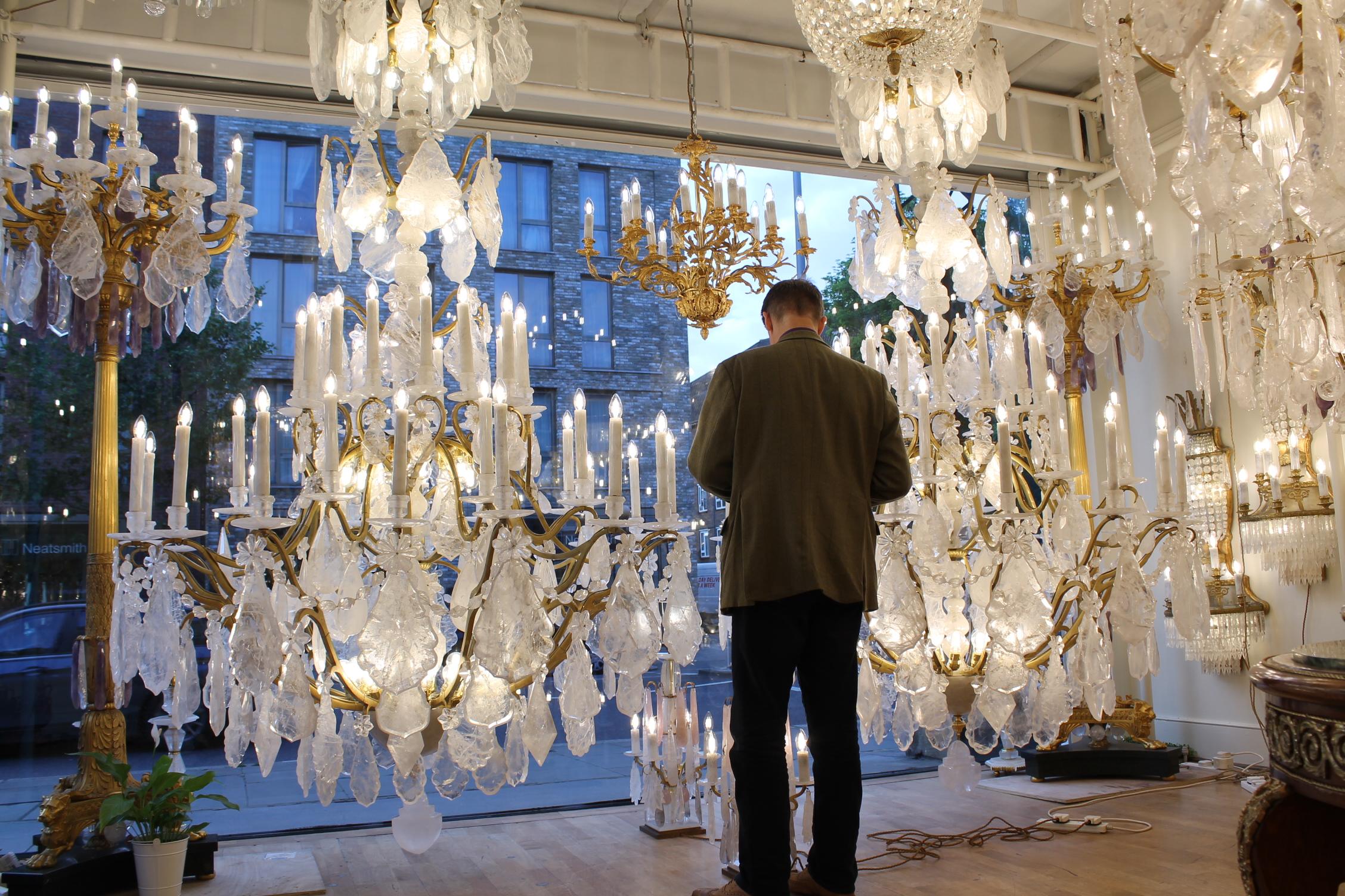 Bronze Large Unique Pair of rock crystal French Louis XV cage chandeliers H300cm W18Ocm For Sale