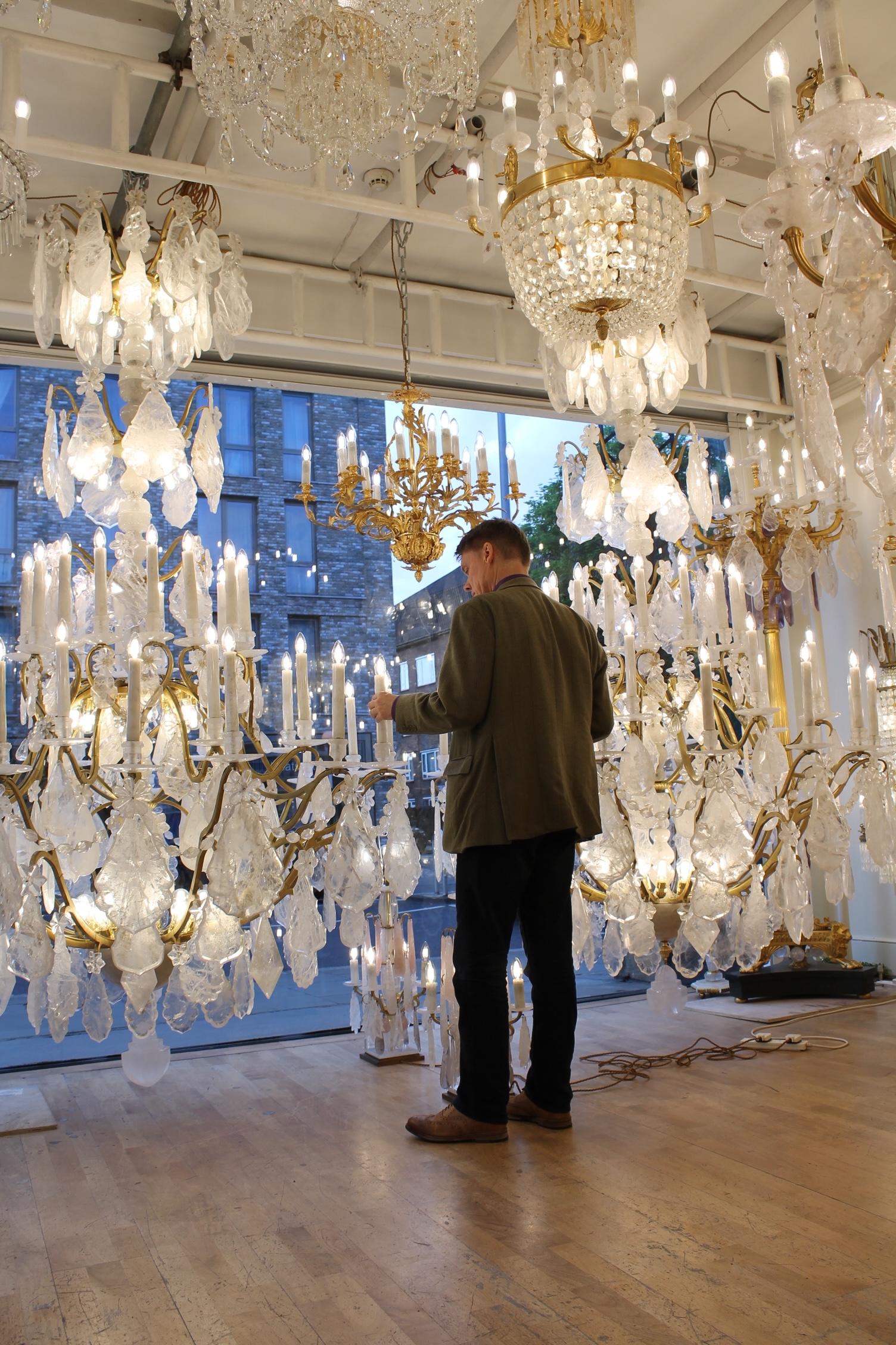 Large Unique Pair of rock crystal French Louis XV cage chandeliers H300cm W18Ocm In Excellent Condition For Sale In London, GB