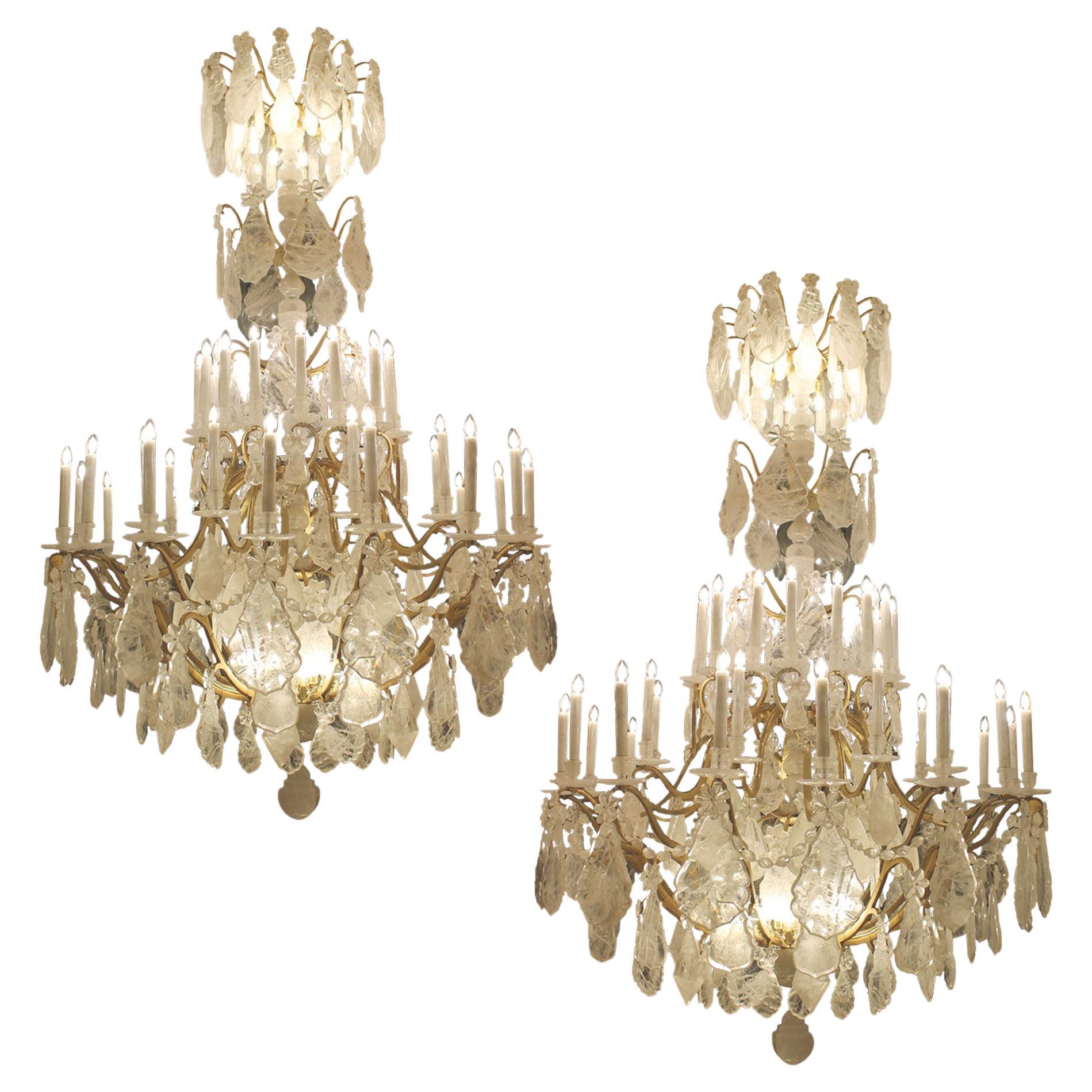 Large Unique Pair of rock crystal French Louis XV cage chandeliers H300cm W18Ocm For Sale