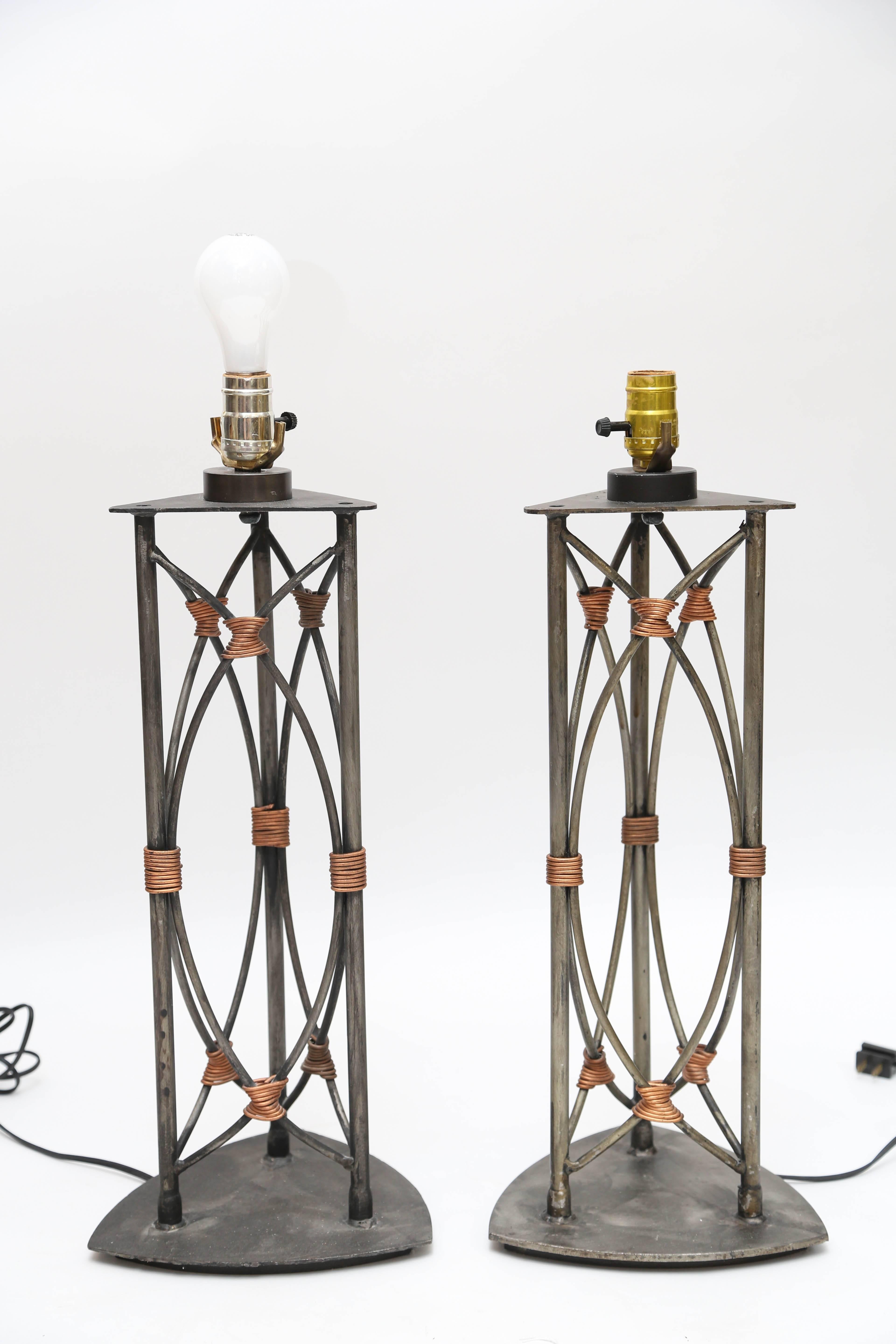 American Unique Pair of Iron and Copper Accent Table Lamp by Georges Kovacs