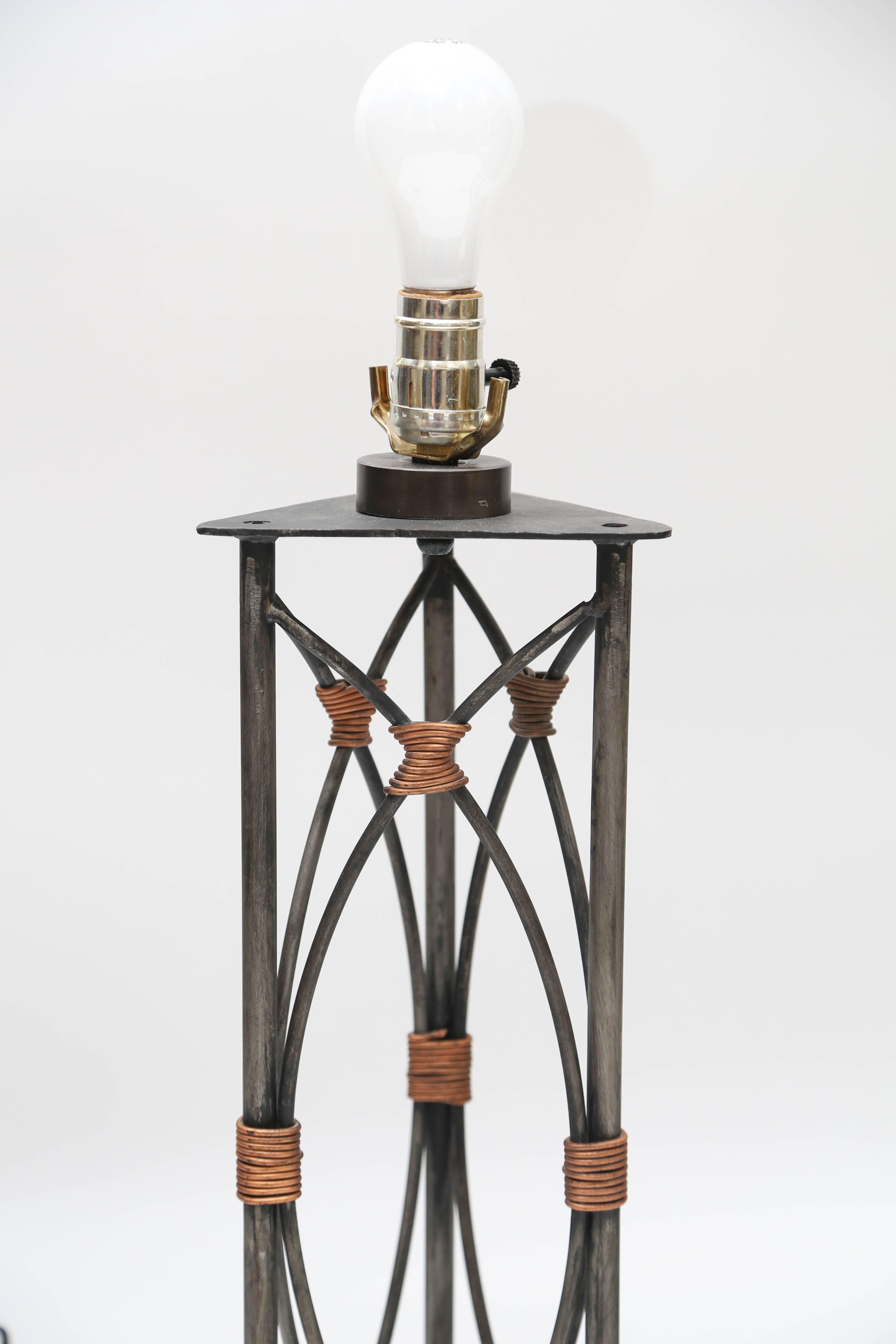 Unique Pair of Iron and Copper Accent Table Lamp by Georges Kovacs In Excellent Condition In West Palm Beach, FL