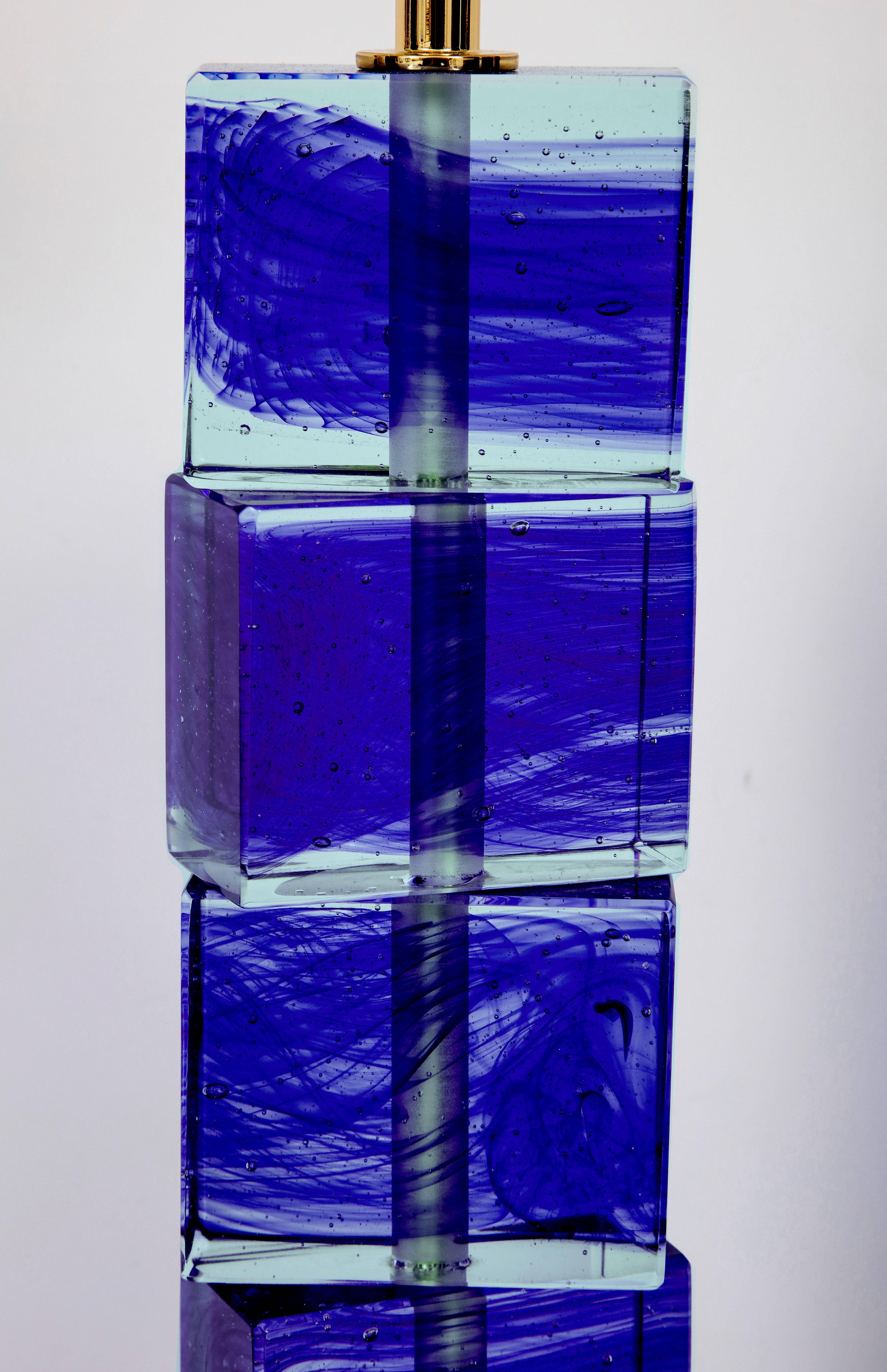 Mid-Century Modern Unique Pair of Italian Cobalt Blue and Clear Murano Glass Block Lamps, Signed