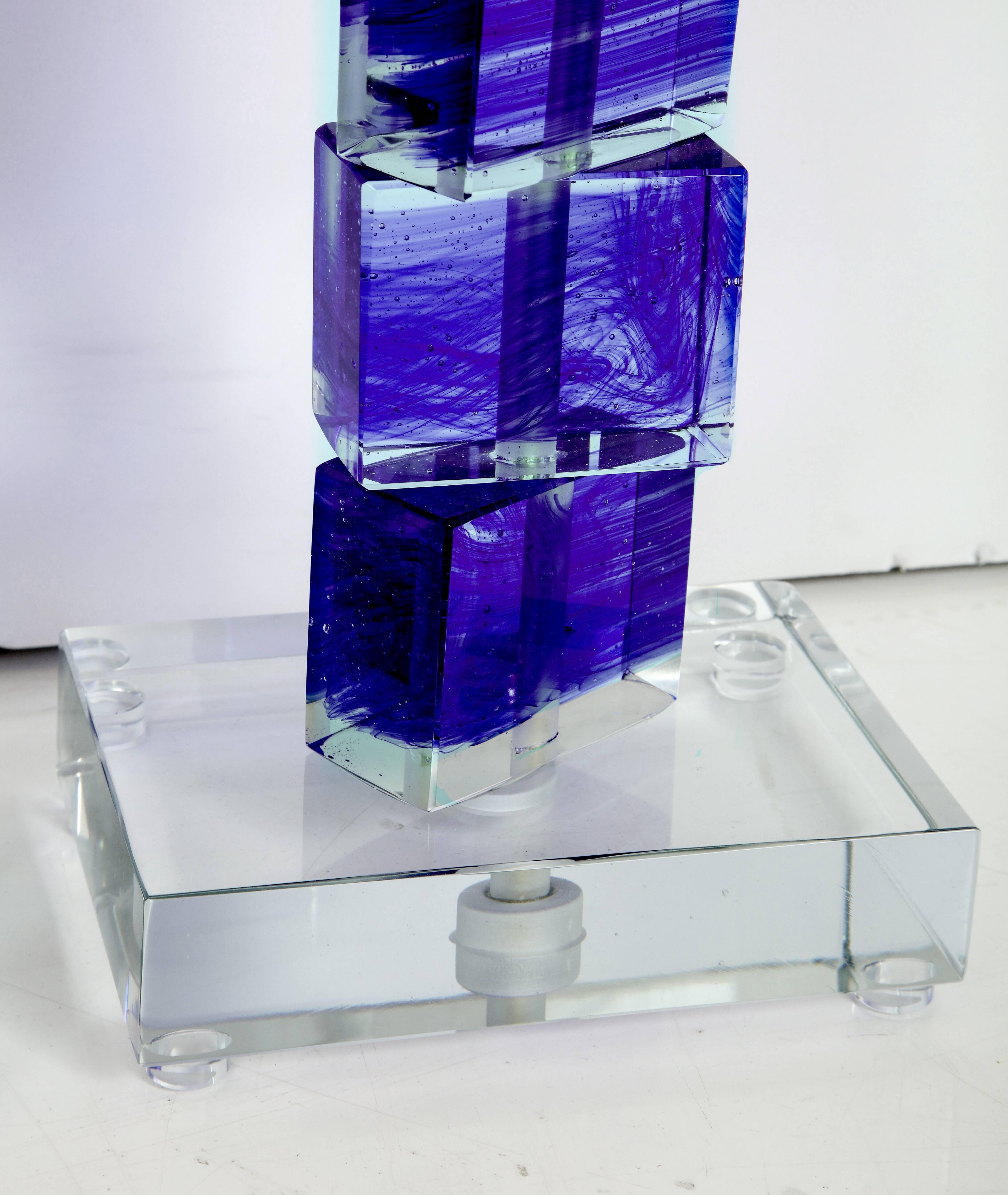 Hand-Crafted Unique Pair of Italian Cobalt Blue and Clear Murano Glass Block Lamps, Signed