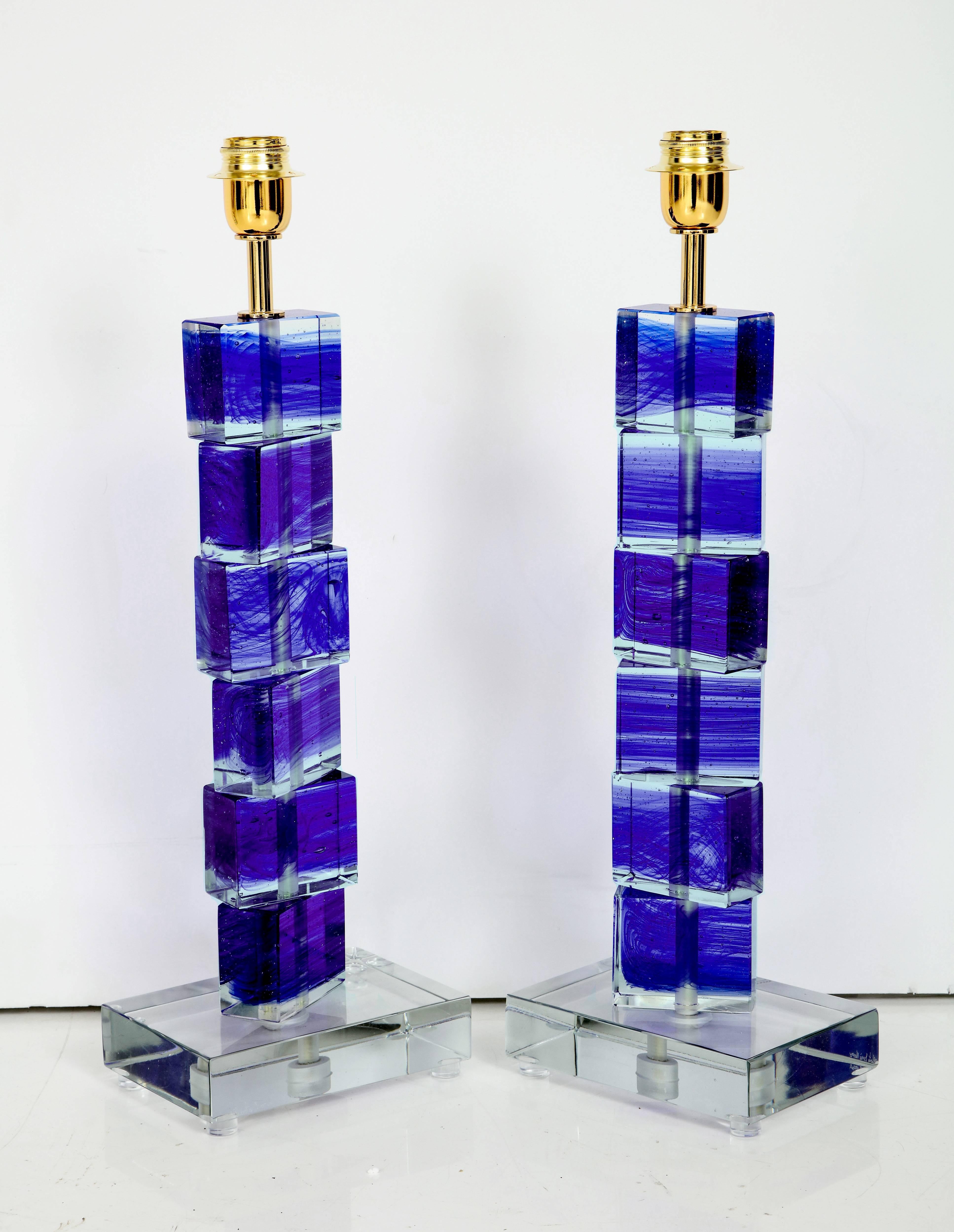 Unique Pair of Italian Cobalt Blue and Clear Murano Glass Block Lamps, Signed In Excellent Condition In New York, NY