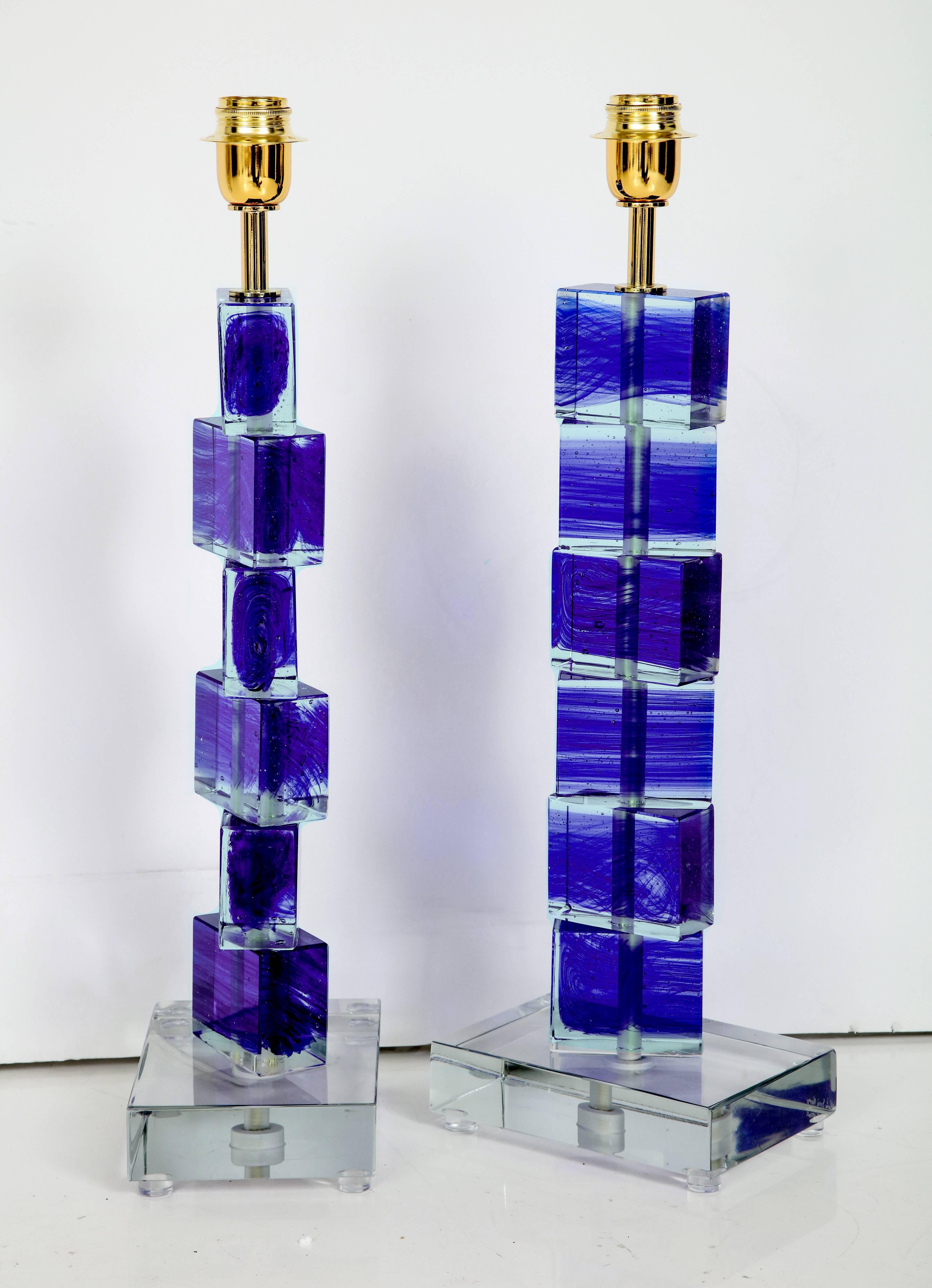 Contemporary Unique Pair of Italian Cobalt Blue and Clear Murano Glass Block Lamps, Signed