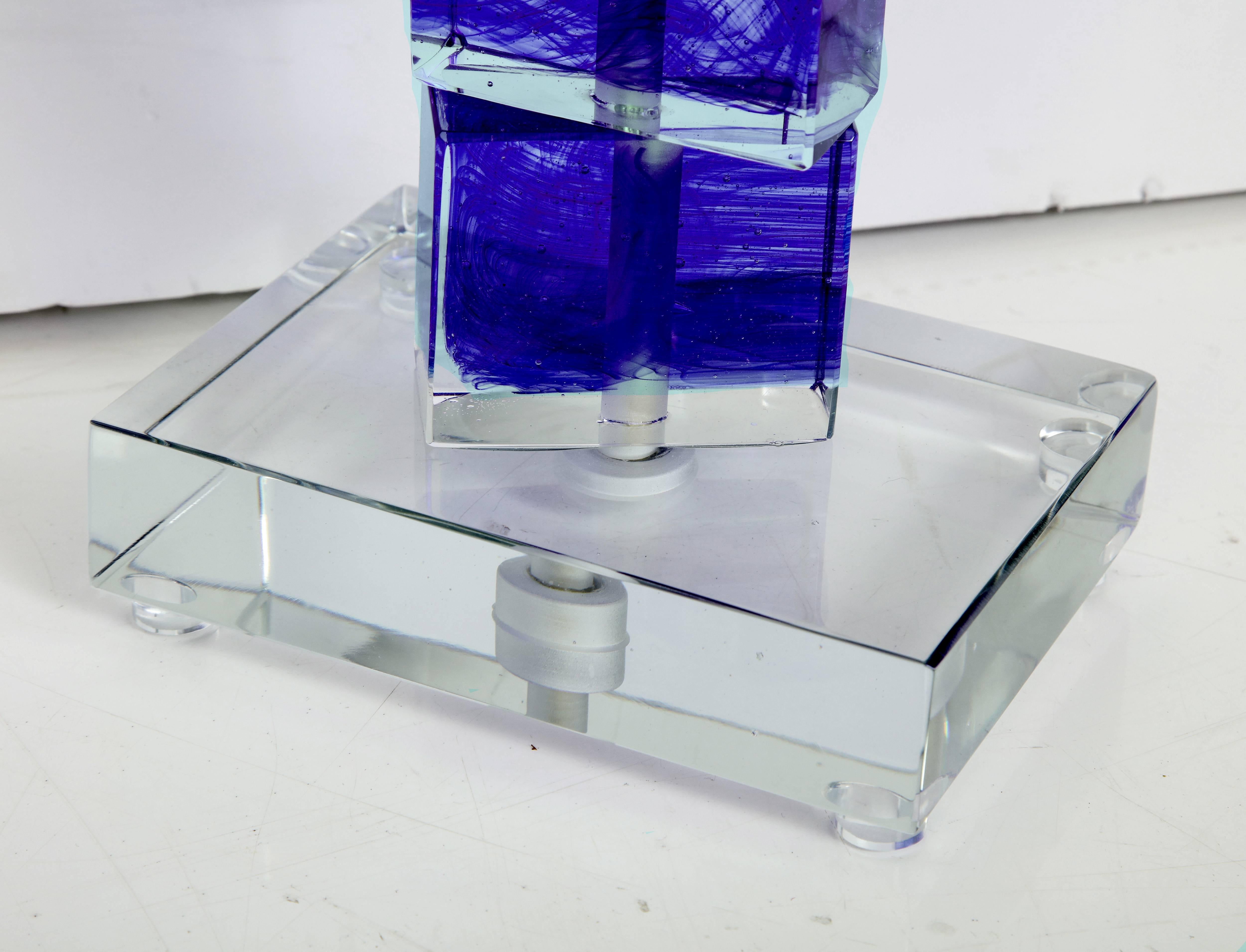 Unique Pair of Italian Cobalt Blue and Clear Murano Glass Block Lamps, Signed 3