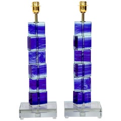 Unique Pair of Italian Cobalt Blue and Clear Murano Glass Block Lamps, Signed