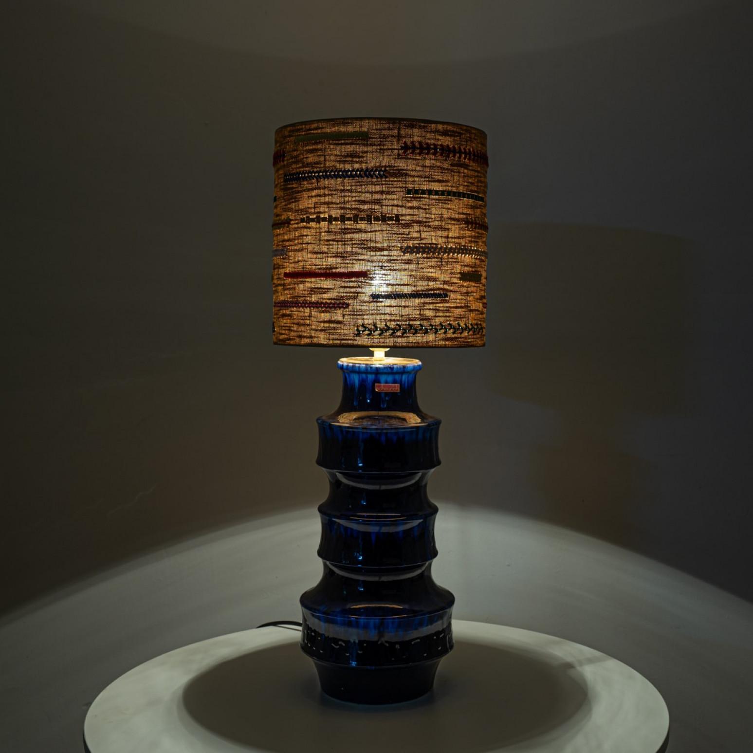 Unique pair of Large Scheurich Ceramic Lamps with New Custom Lampshades For Sale 2