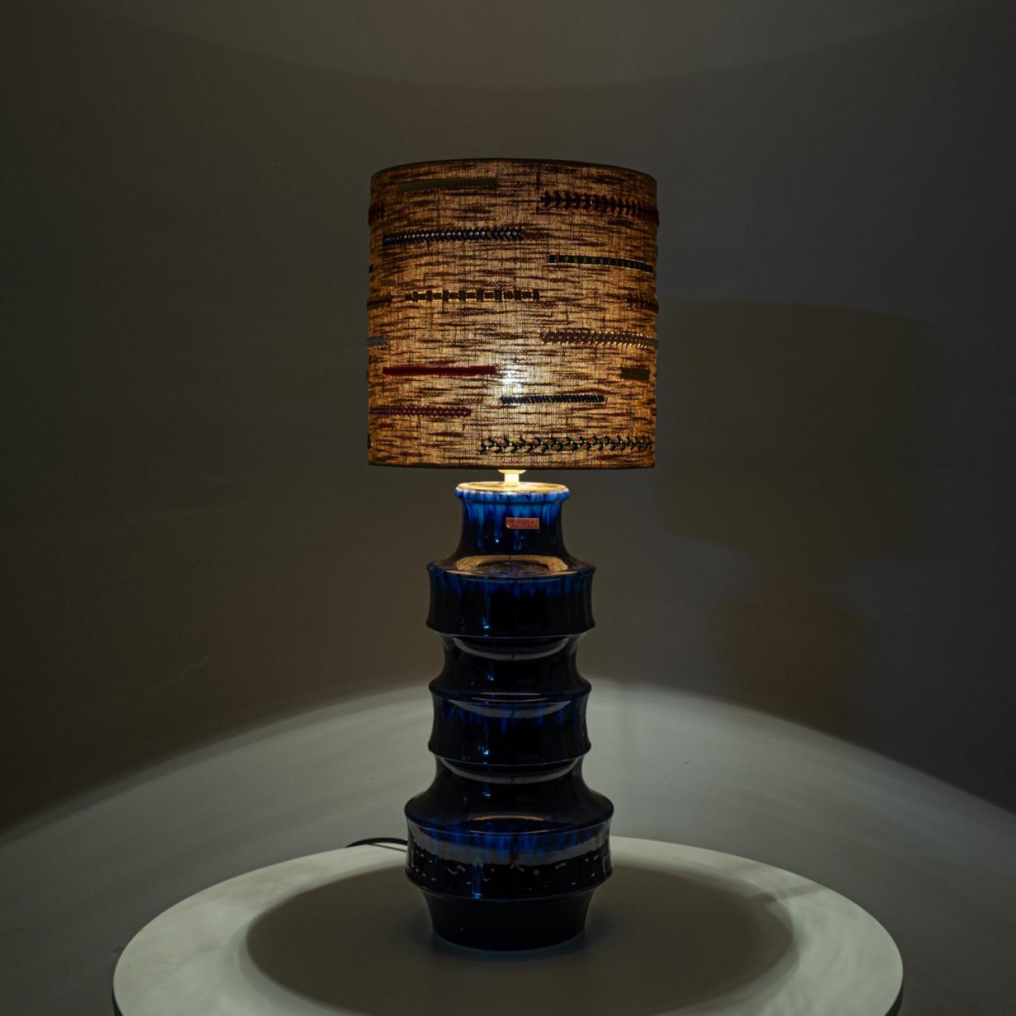 Unique pair of Large Scheurich Ceramic Lamps with New Custom Lampshades For Sale 3