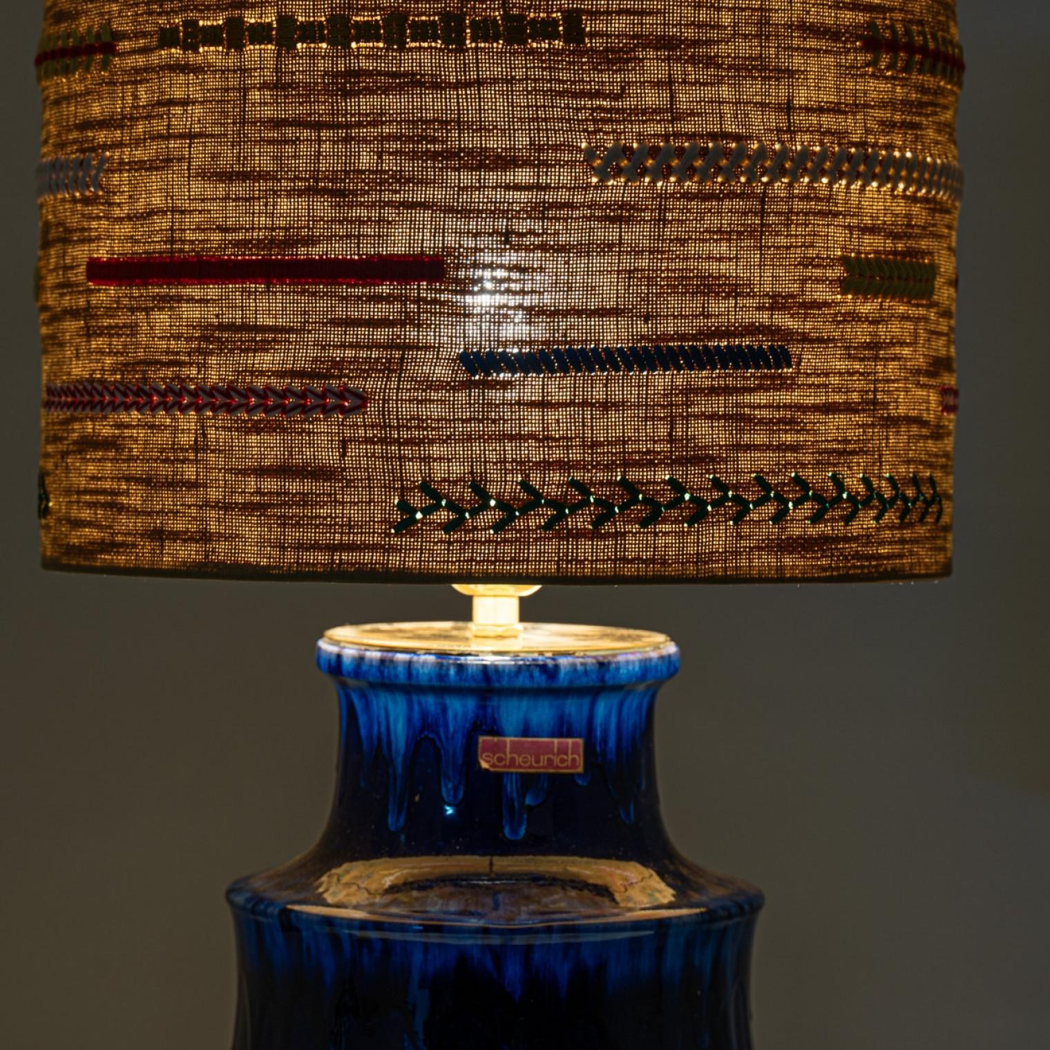 Unique pair of Large Scheurich Ceramic Lamps with New Custom Lampshades In Good Condition For Sale In Rijssen, NL