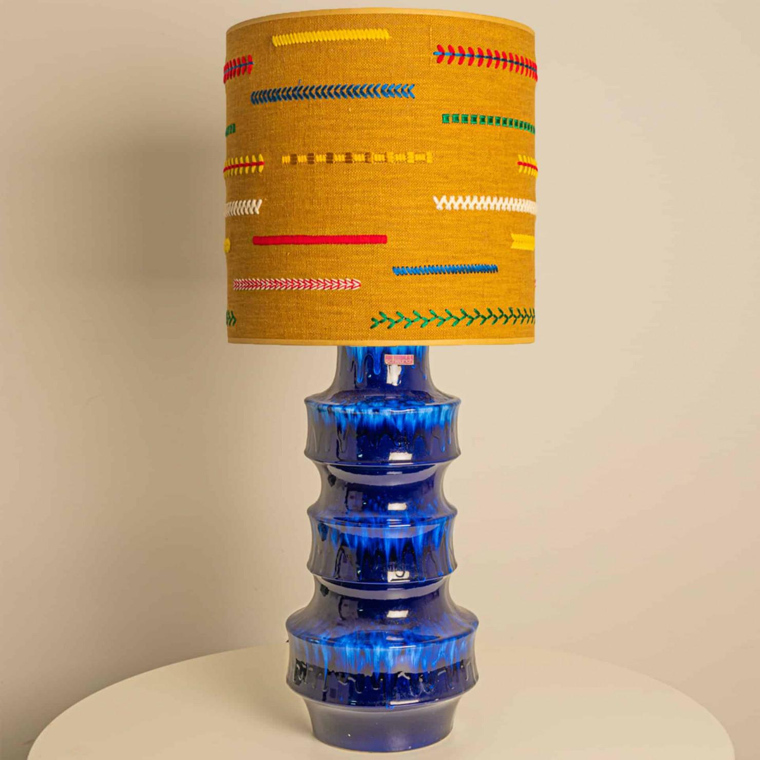 Unique pair of Large Scheurich Ceramic Lamps with New Custom Lampshades For Sale 1