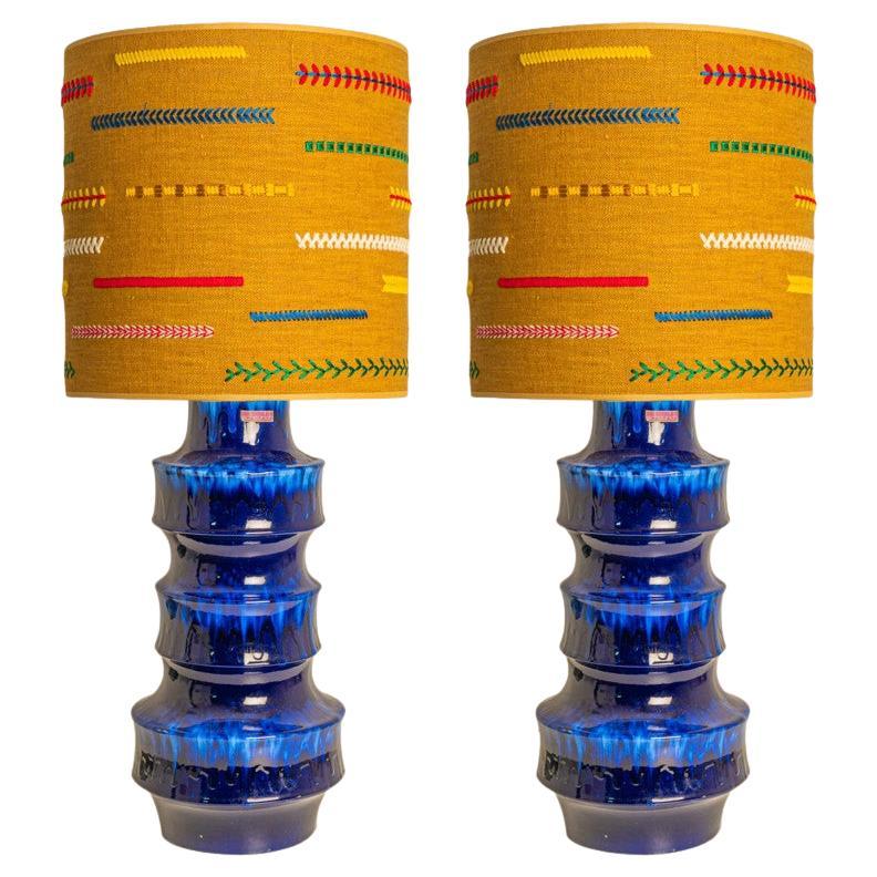 Unique pair of Large Scheurich Ceramic Lamps with New Custom Lampshades im Angebot