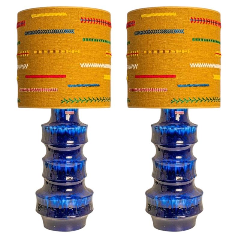 Unique pair of Large Scheurich Ceramic Lamps with New Custom Lampshades