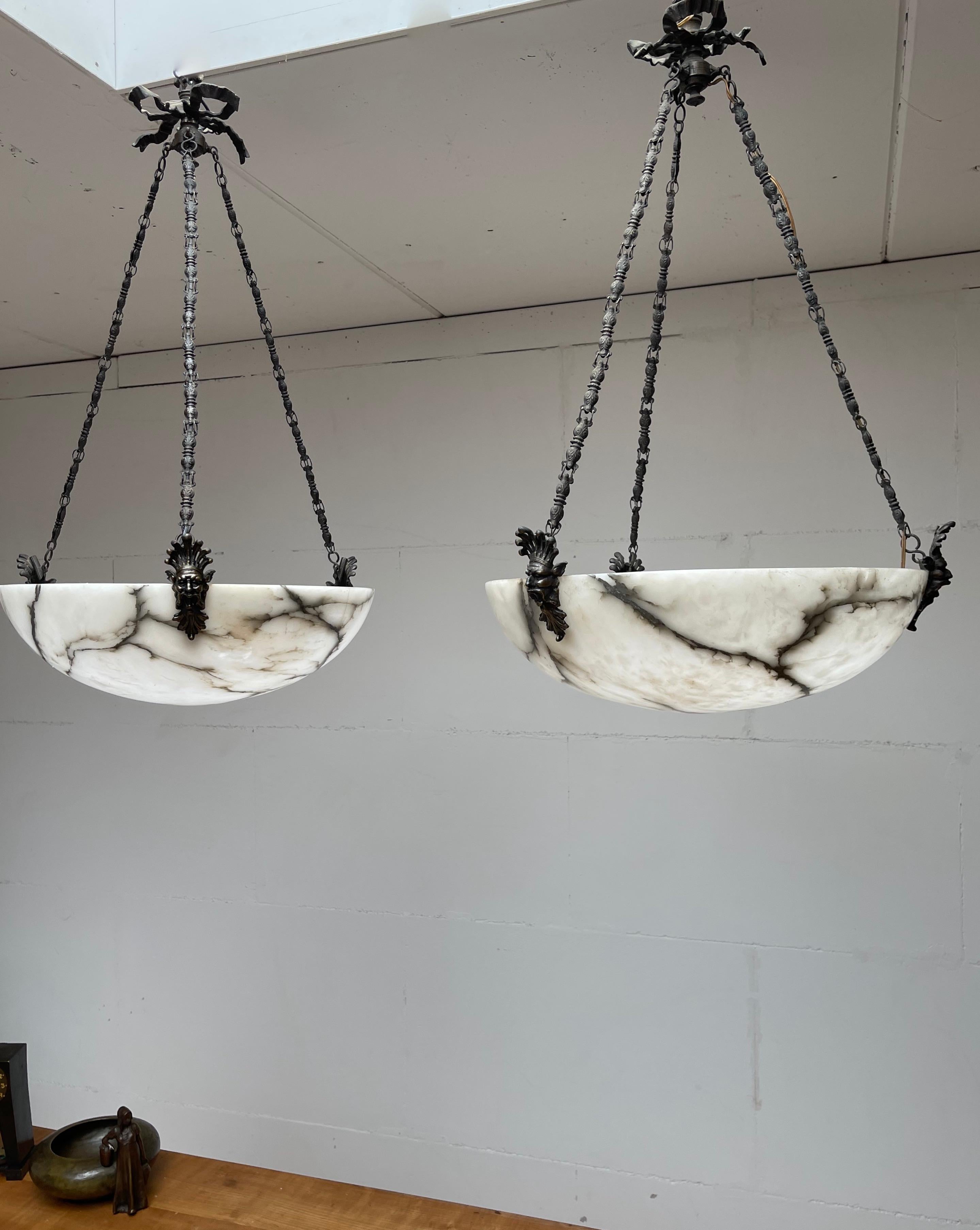 Hand-Crafted Unique Pair of Large Size Antique White Alabaster Chandeliers / Pendant Lights