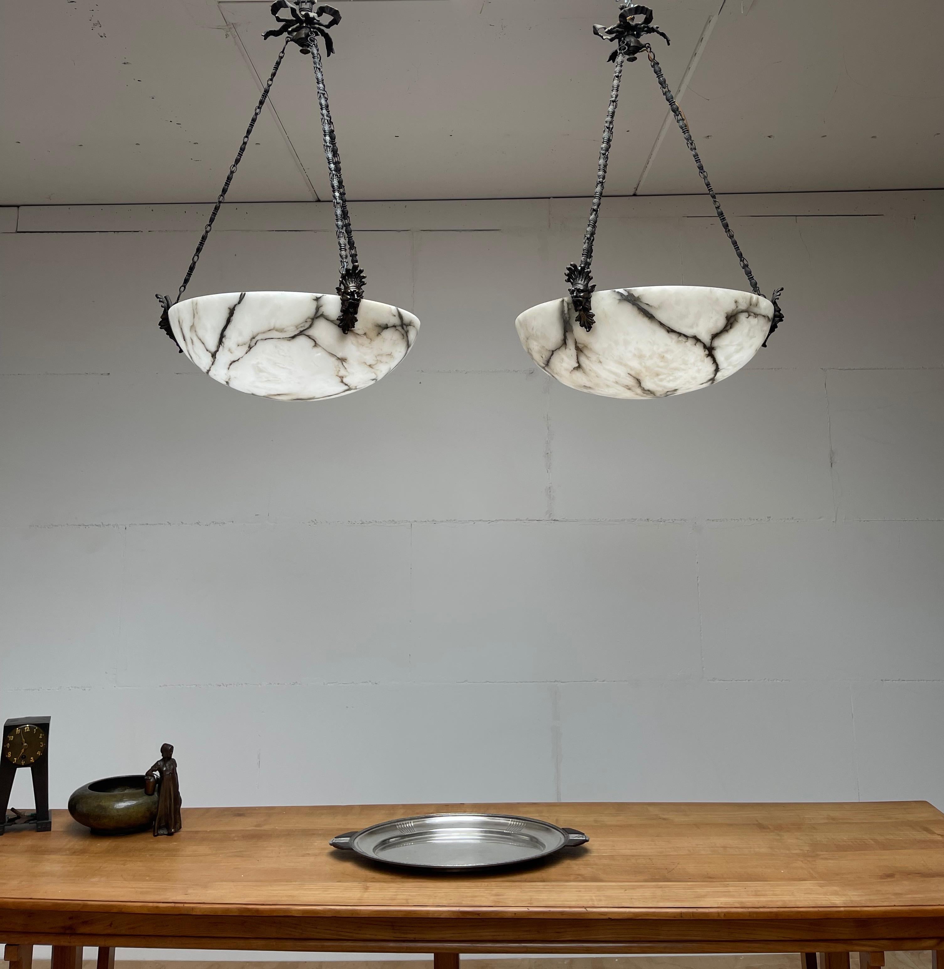 Unique Pair of Large Size Antique White Alabaster Chandeliers / Pendant Lights In Good Condition In Lisse, NL