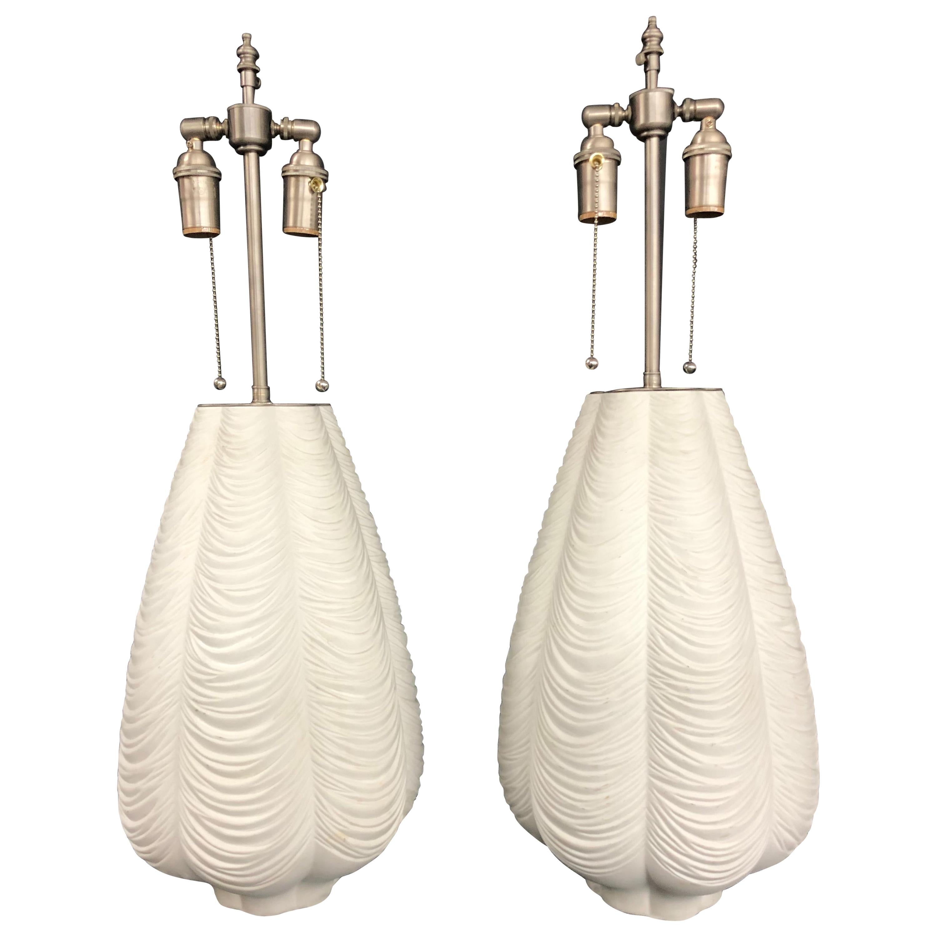 Unique Pair of Large Venitian Swag Ceramic Vessels with Lamp Application For Sale