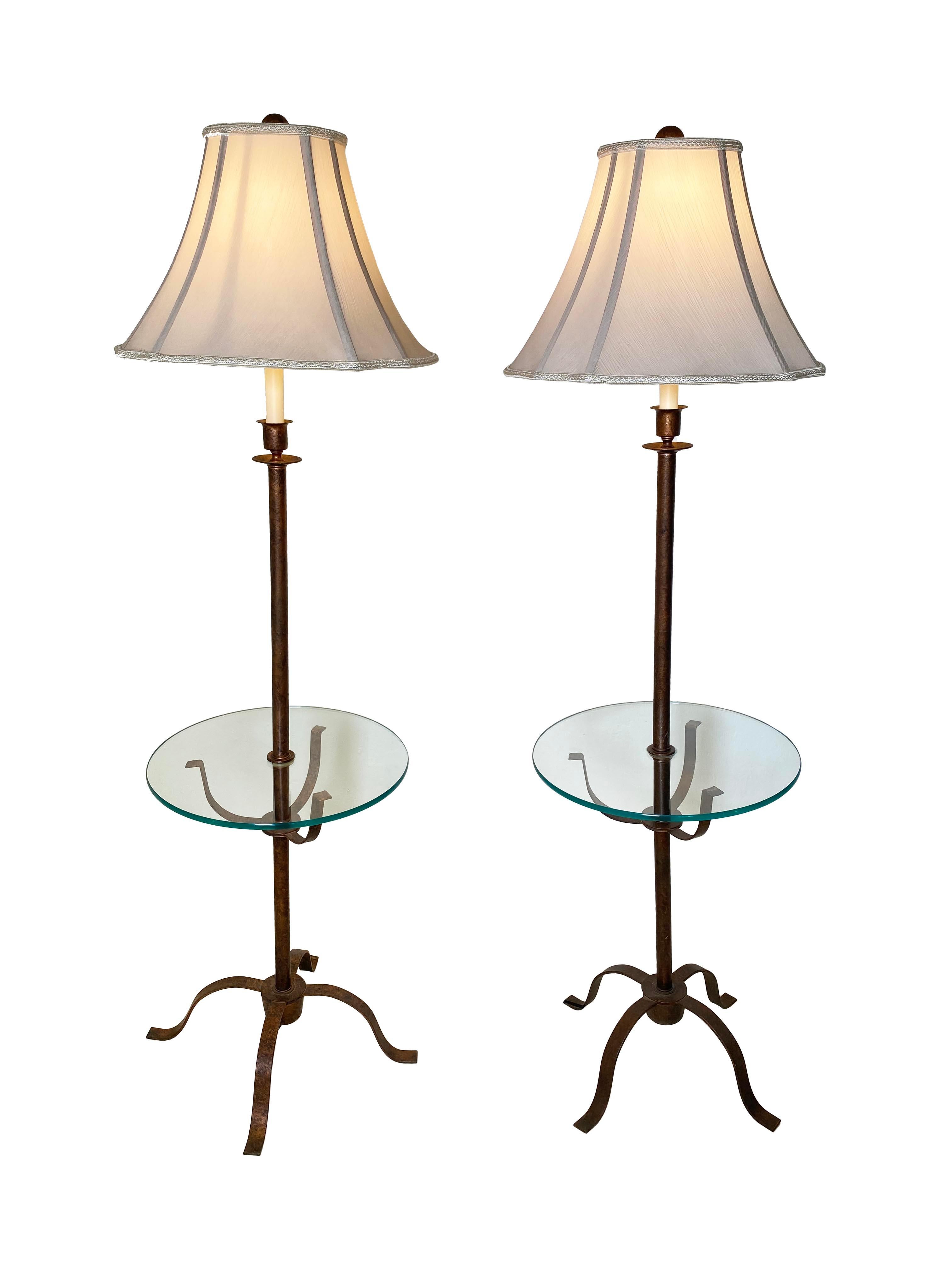Elevate your space with this elegant pair of tray table floor lamps, combining both form and function. Each lamp features a sturdy metal frame with a warm deep bronze copper finish, lending a timeless and versatile look that complements both