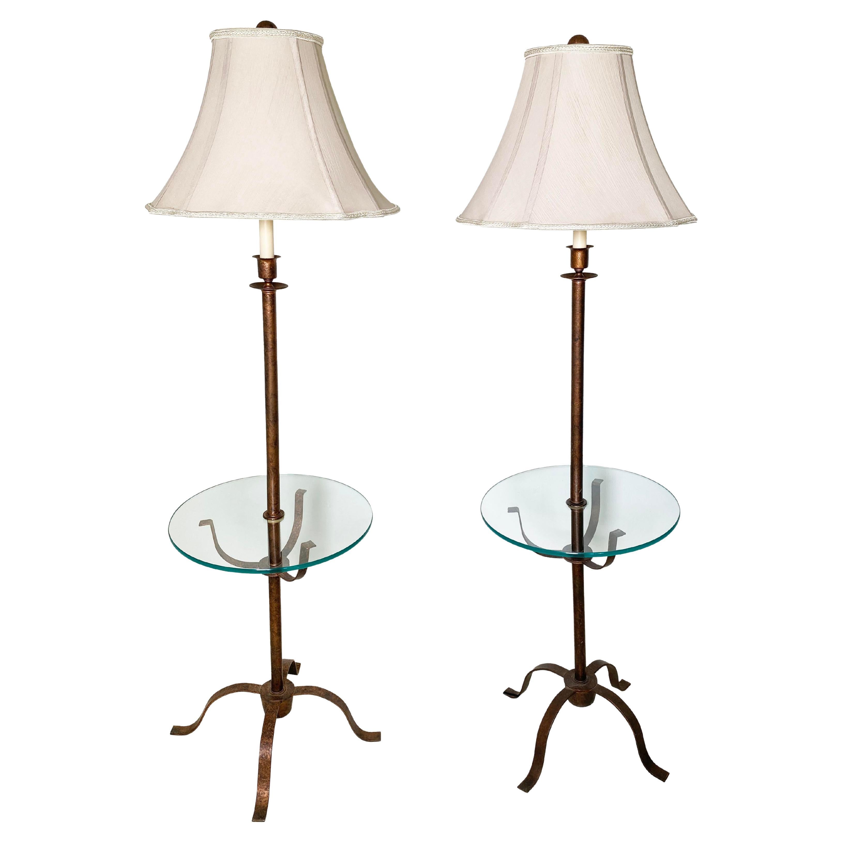 Unique Pair of Metal and Glass Tray Table Floor Lamps For Sale