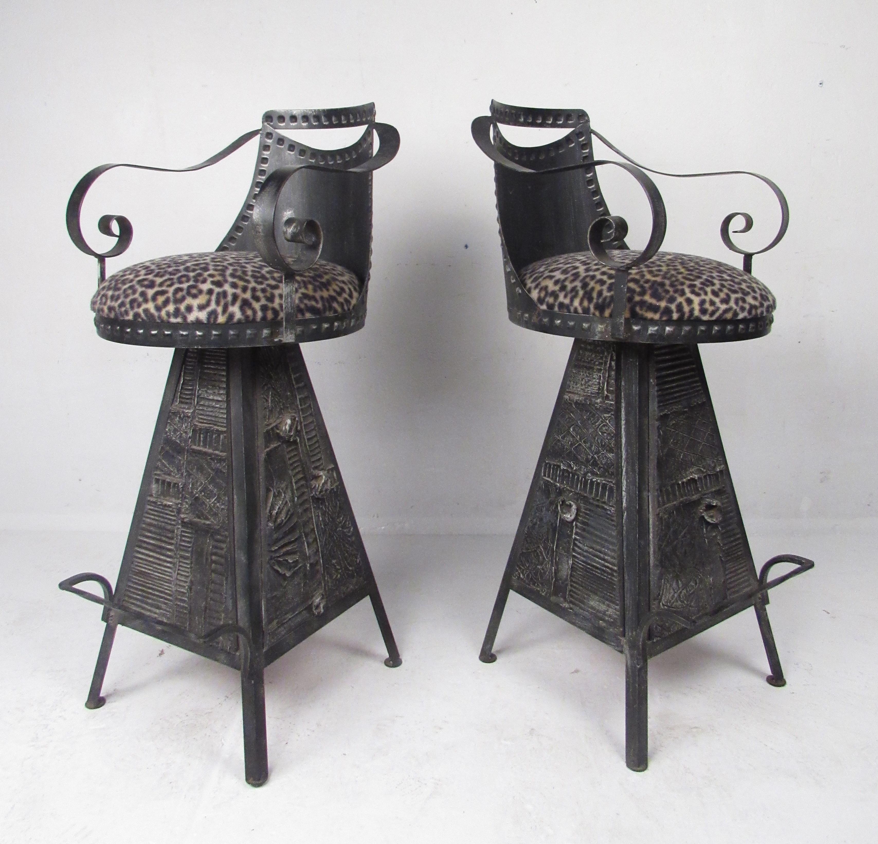 This stunning pair of vintage modern bar stools feature a textured bronze resin base with an iconic Brutalist design. The armrests boast wonderful scroll detail and the metal backrests contour perfectly ensuring optimal comfort. This rare and