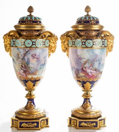 Unique Pair of Opulent Sevres-Style Hand-Painted Porcelain Urns by F. Bellanger