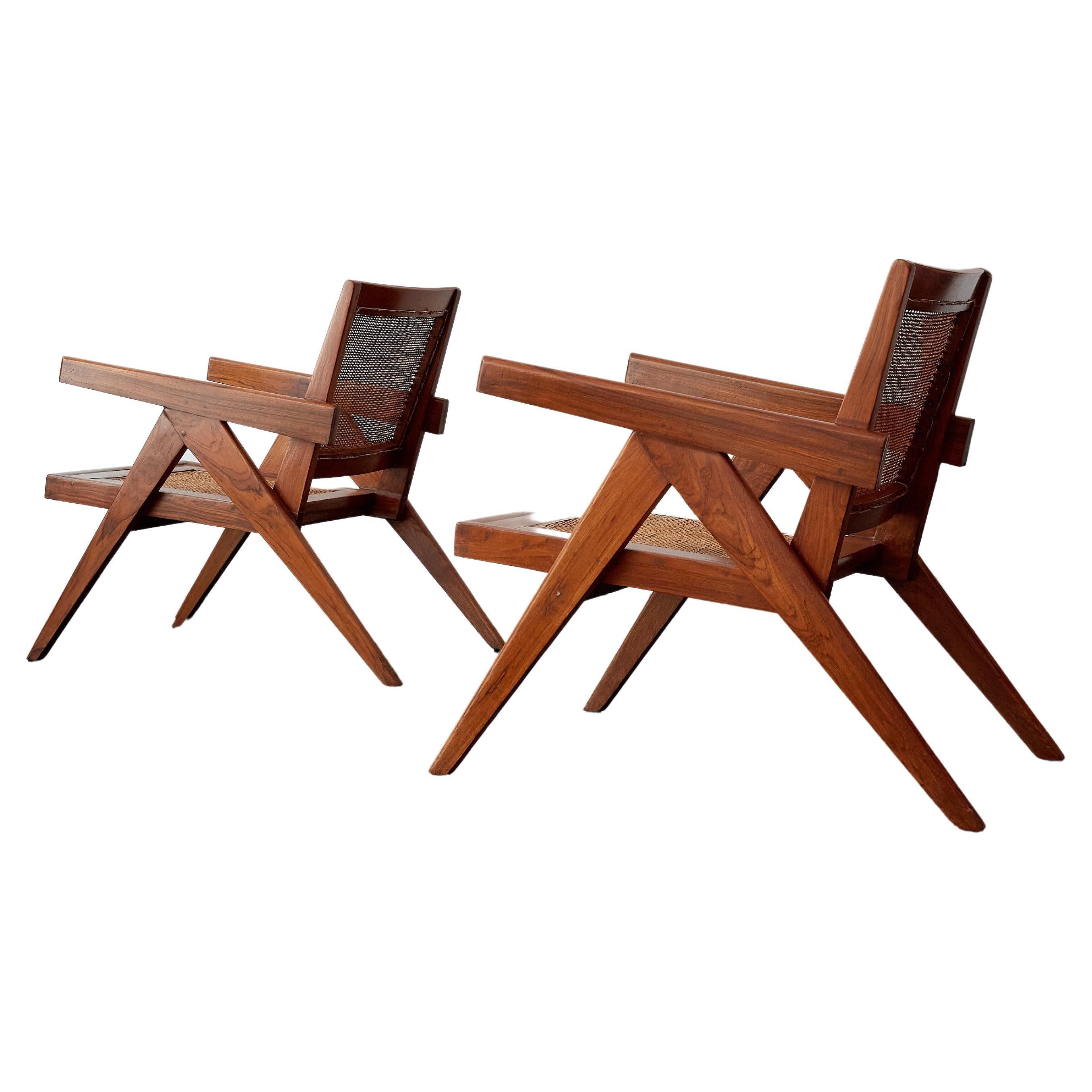 Unique Pair of Pierre Jeanneret Teak Lounge Chairs c. 1960