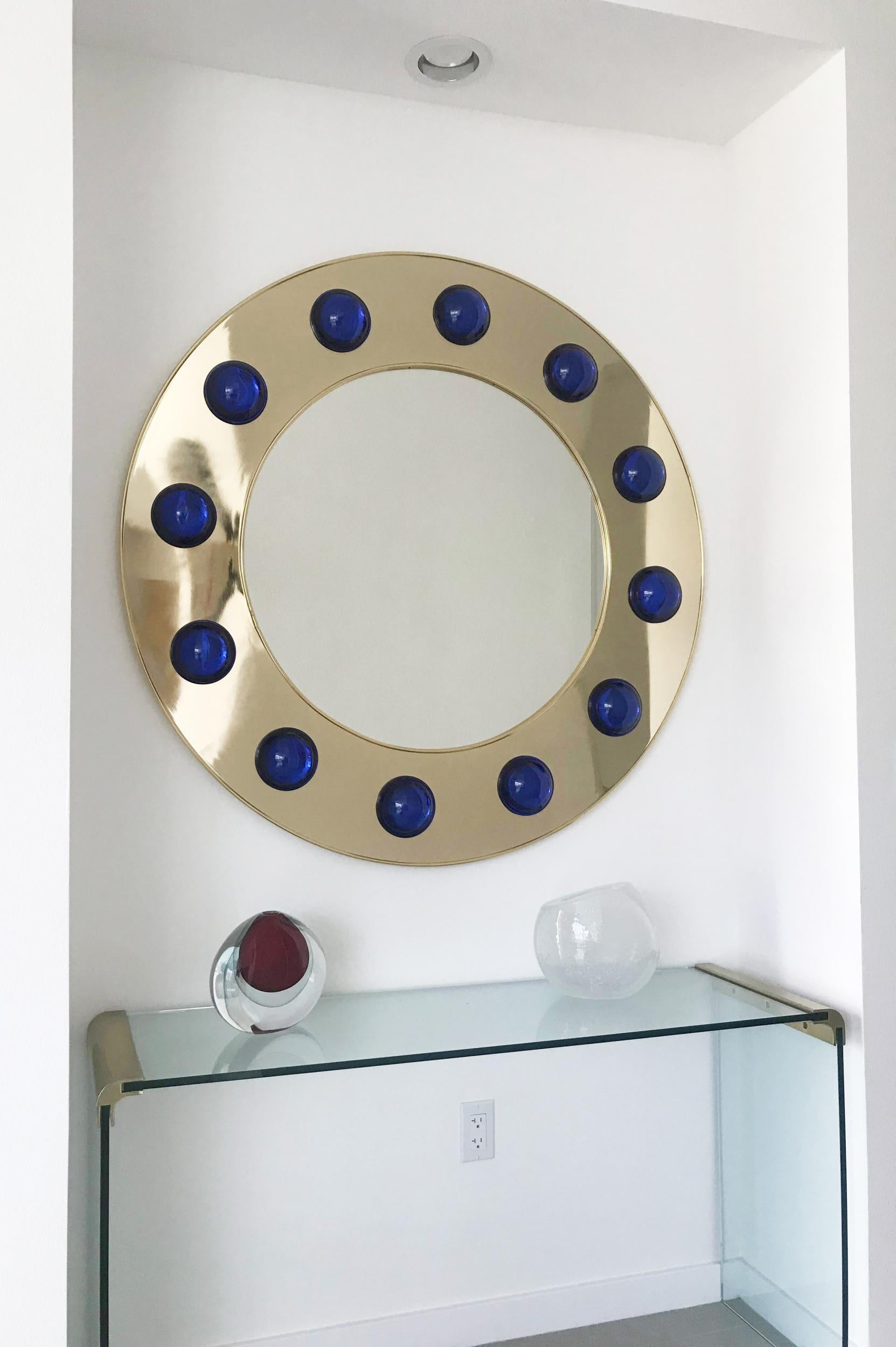 Italian Unique Pair of Round Mirrors Polished Brass, Dark Blue Murano Glass, Italy, 1980s