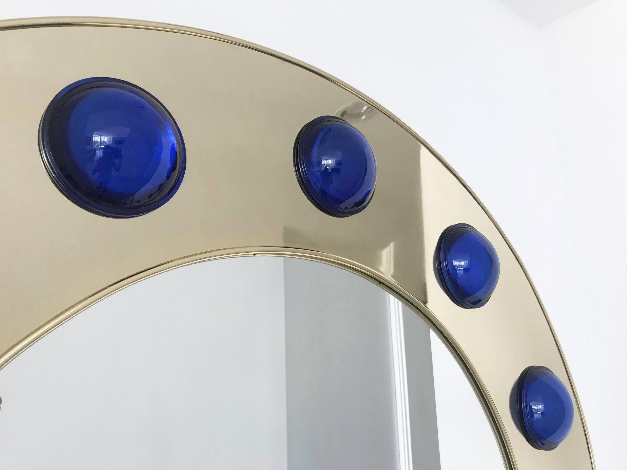 Late 20th Century Unique Pair of Round Mirrors Polished Brass, Dark Blue Murano Glass, Italy, 1980s