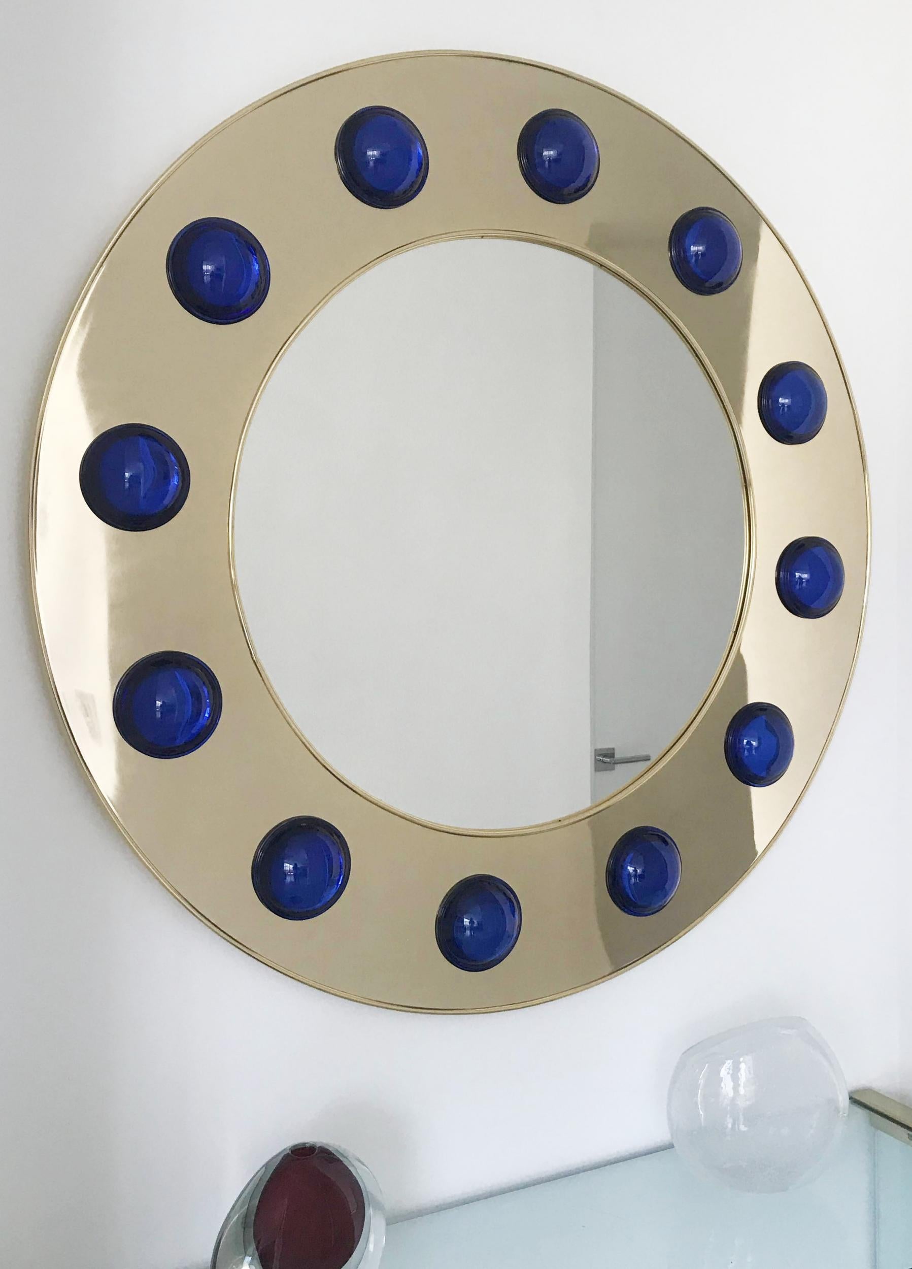 Unique Pair of Round Mirrors Polished Brass, Dark Blue Murano Glass, Italy, 1980s 2