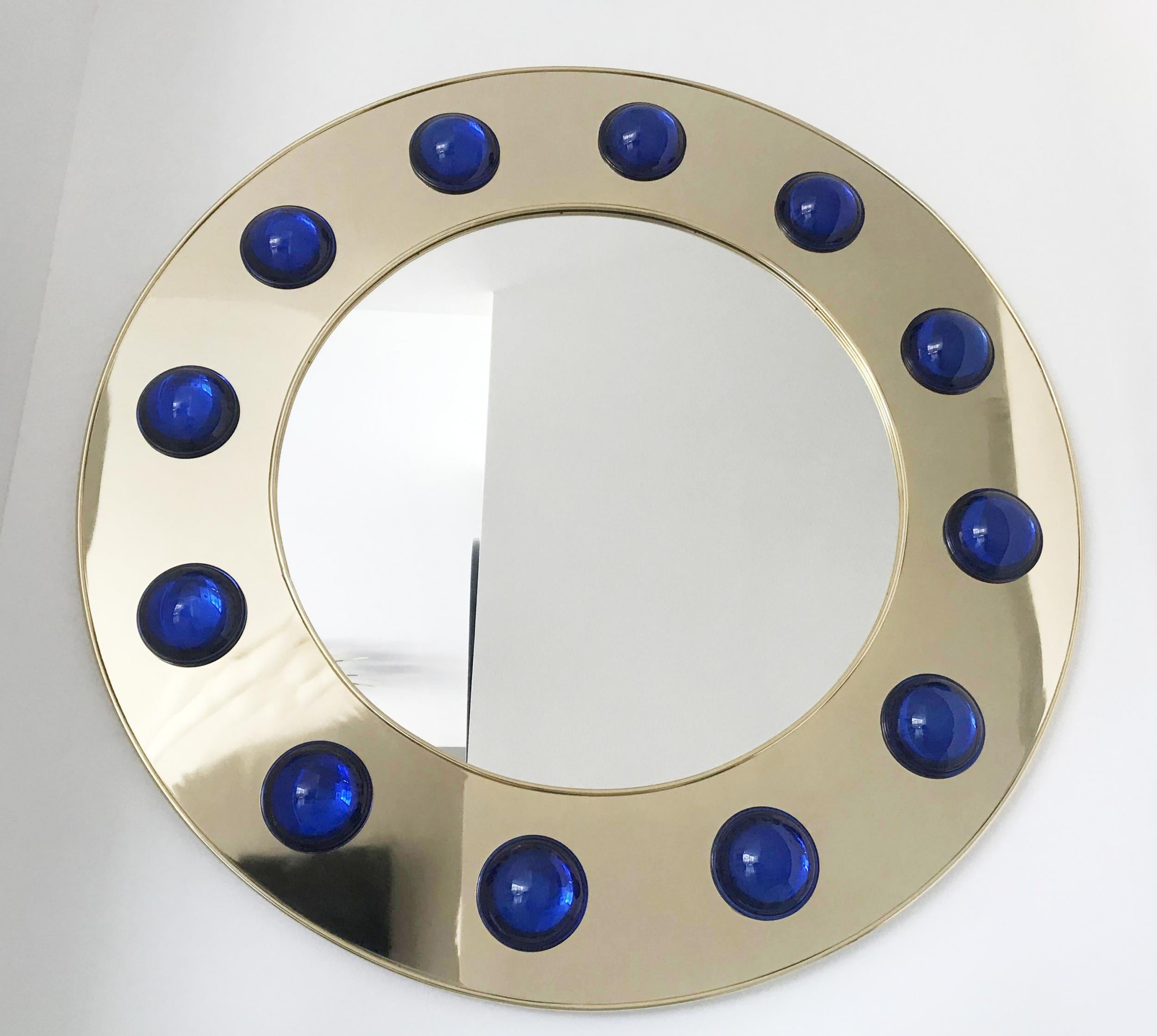 Unique Pair of Round Mirrors Polished Brass, Dark Blue Murano Glass, Italy, 1980s 3