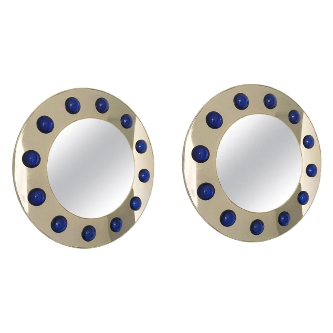 Unique Pair of Round Mirrors Polished Brass, Dark Blue Murano Glass, Italy, 1980s