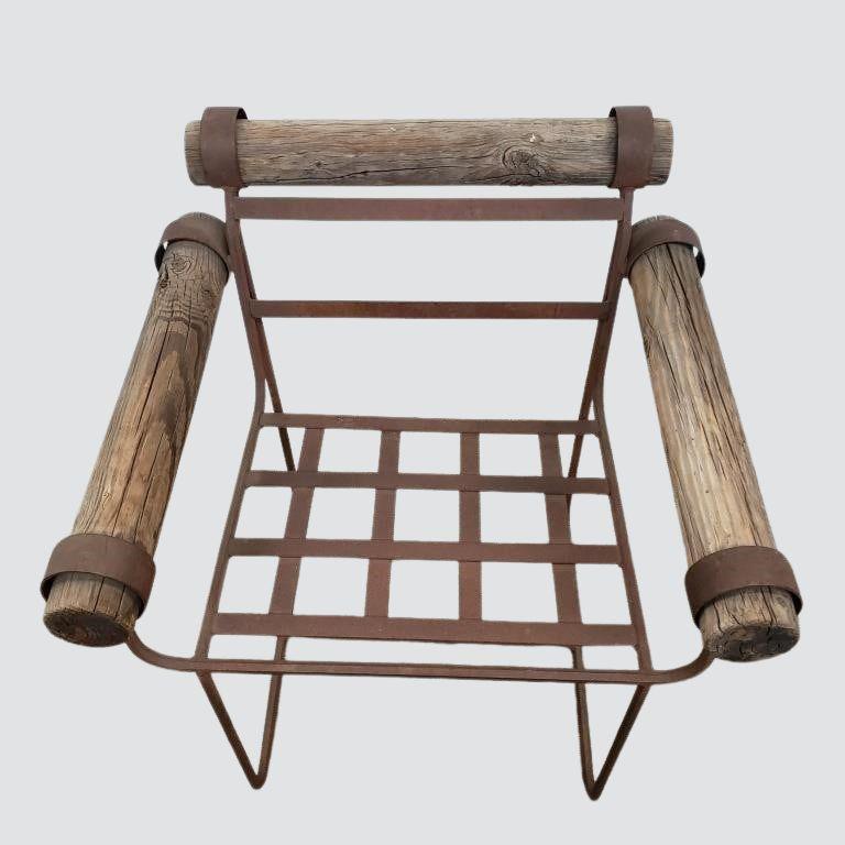 American Unique Pair of Rustic Vintage Industrial Garden Chairs with Wooden Log Accents For Sale