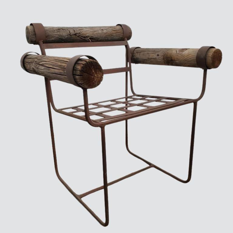 Welded Unique Pair of Rustic Vintage Industrial Garden Chairs with Wooden Log Accents For Sale
