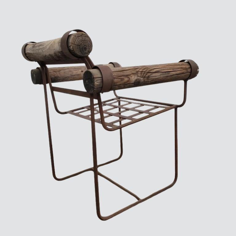 Unique Pair of Rustic Vintage Industrial Garden Chairs with Wooden Log Accents In Good Condition For Sale In West Hollywood, CA