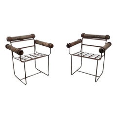 Unique Pair of Rustic Vintage Industrial Garden Chairs with Wooden Log Accents